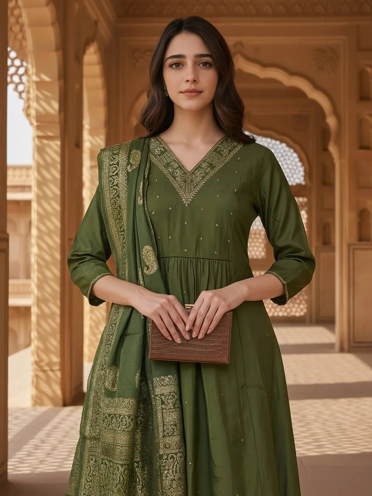 Buy Poly Viscose Embroidered Anarkali Calf Length Kurta with Pant and Dupatta-Green