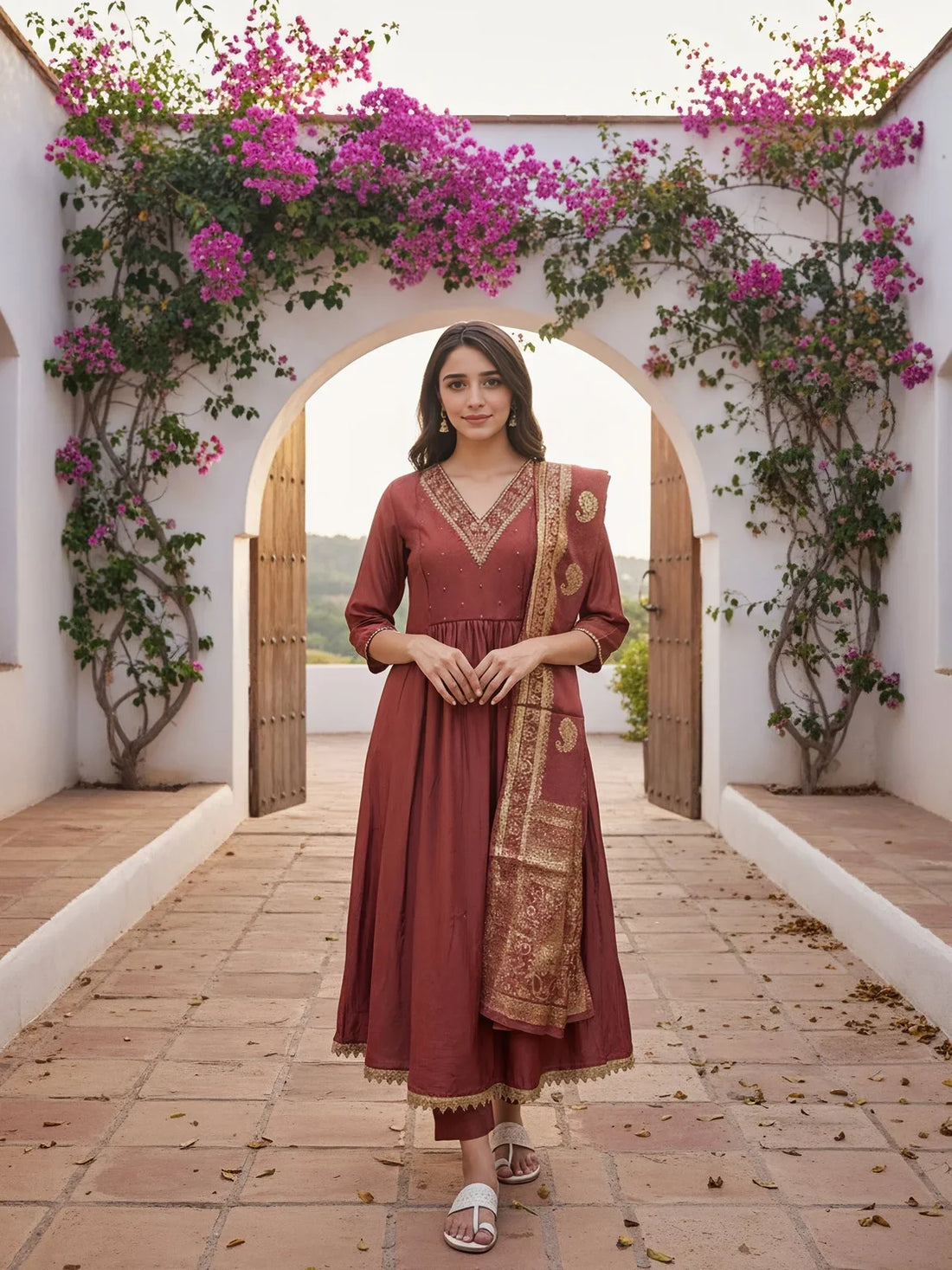 Buy Poly Viscose Embroidered Anarkali Calf Length Kurta with Pant and Dupatta-Mauve