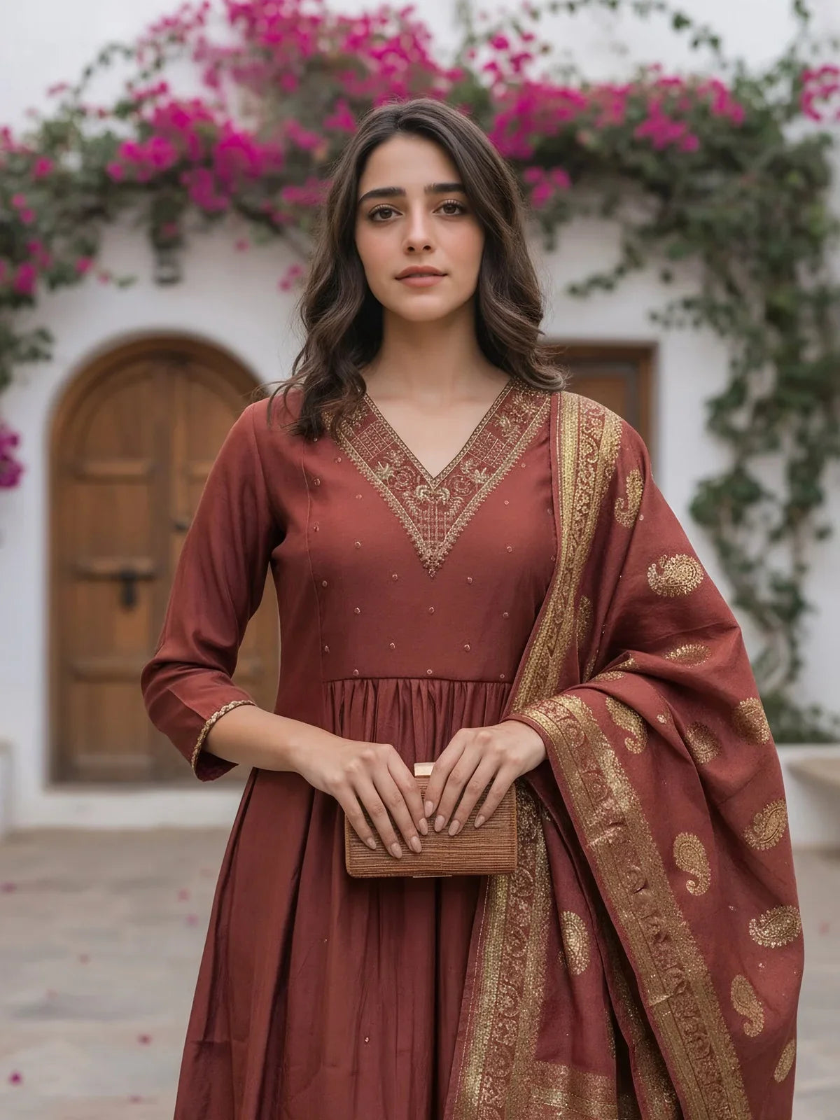 Buy Poly Viscose Embroidered Anarkali Calf Length Kurta with Pant and Dupatta-Mauve