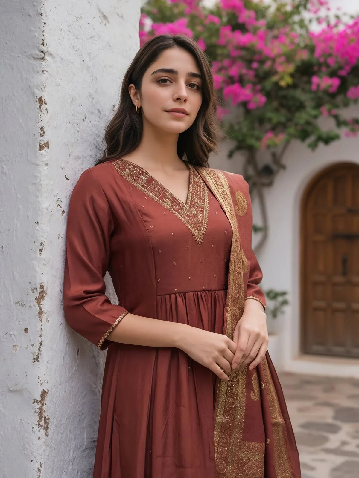 Buy Poly Viscose Embroidered Anarkali Calf Length Kurta with Pant and Dupatta-Mauve