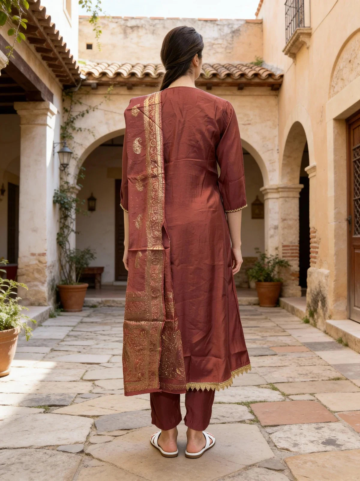 Buy Poly Viscose Embroidered Anarkali Calf Length Kurta with Pant and Dupatta-Mauve