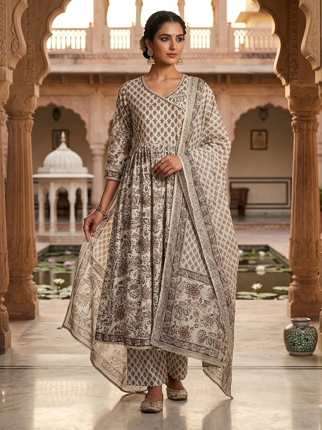 Buy Cotton Hand Work Anarkali Calf Length Kurta With Pant and Dupatta-Brown