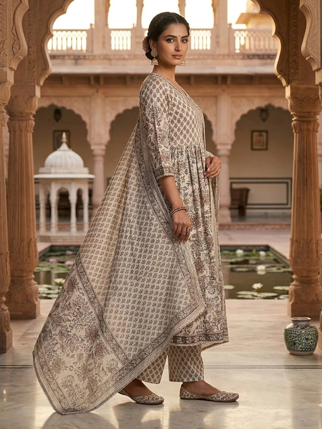 Buy Cotton Hand Work Anarkali Calf Length Kurta With Pant and Dupatta-Brown