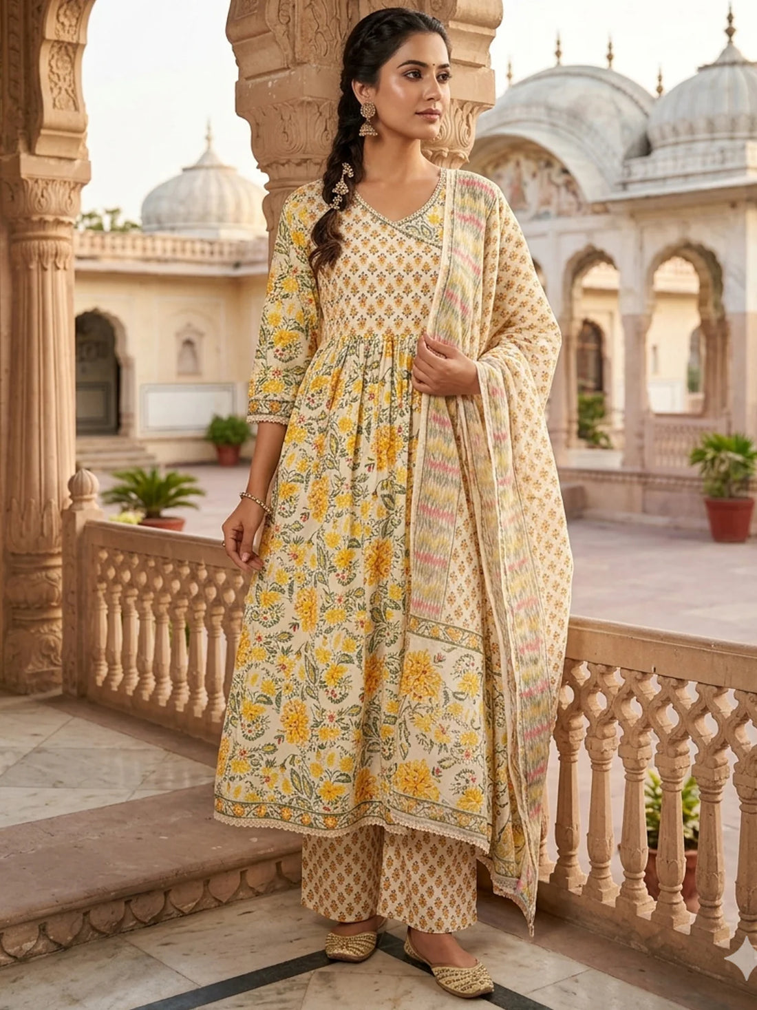 Buy Cotton Hand Work Anarkali Calf Length Kurta With Pant and Dupatta-Yellow