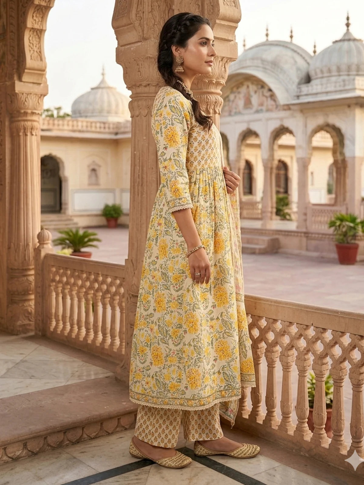 Buy Cotton Hand Work Anarkali Calf Length Kurta With Pant and Dupatta-Yellow