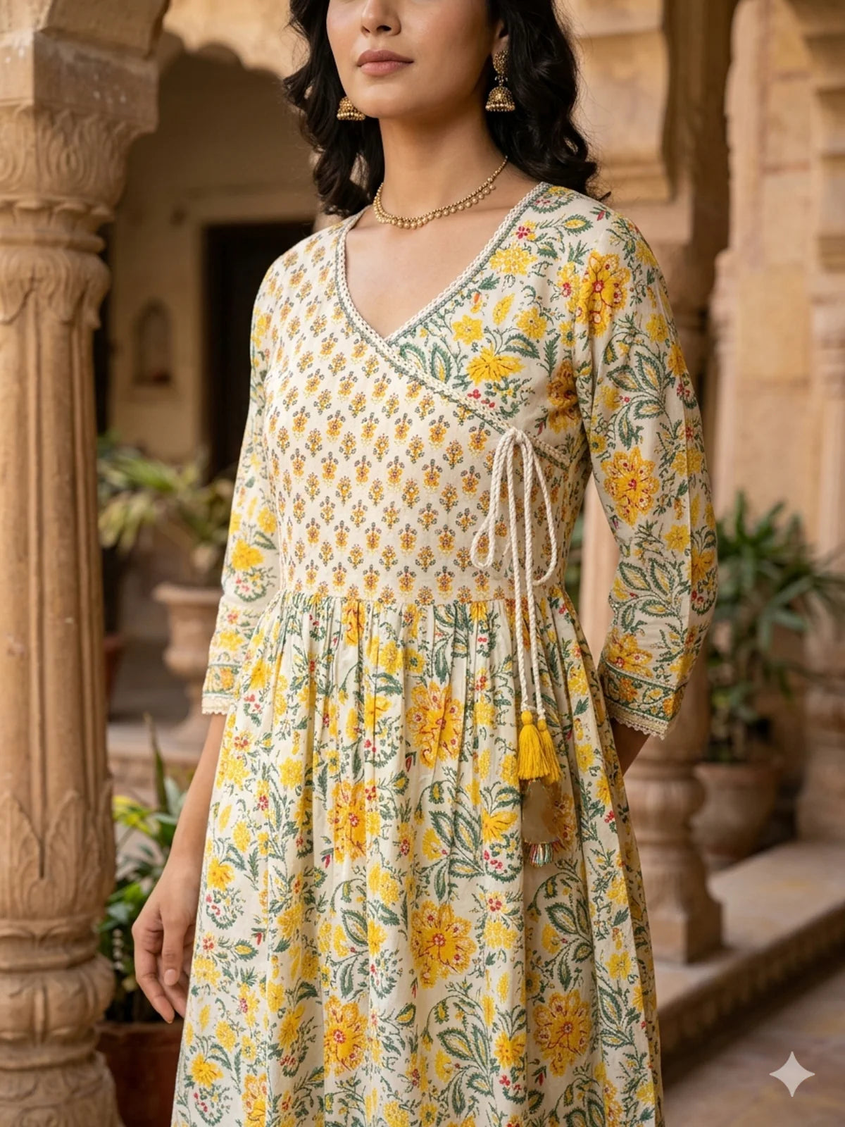 Buy Cotton Hand Work Anarkali Calf Length Kurta With Pant and Dupatta-Yellow