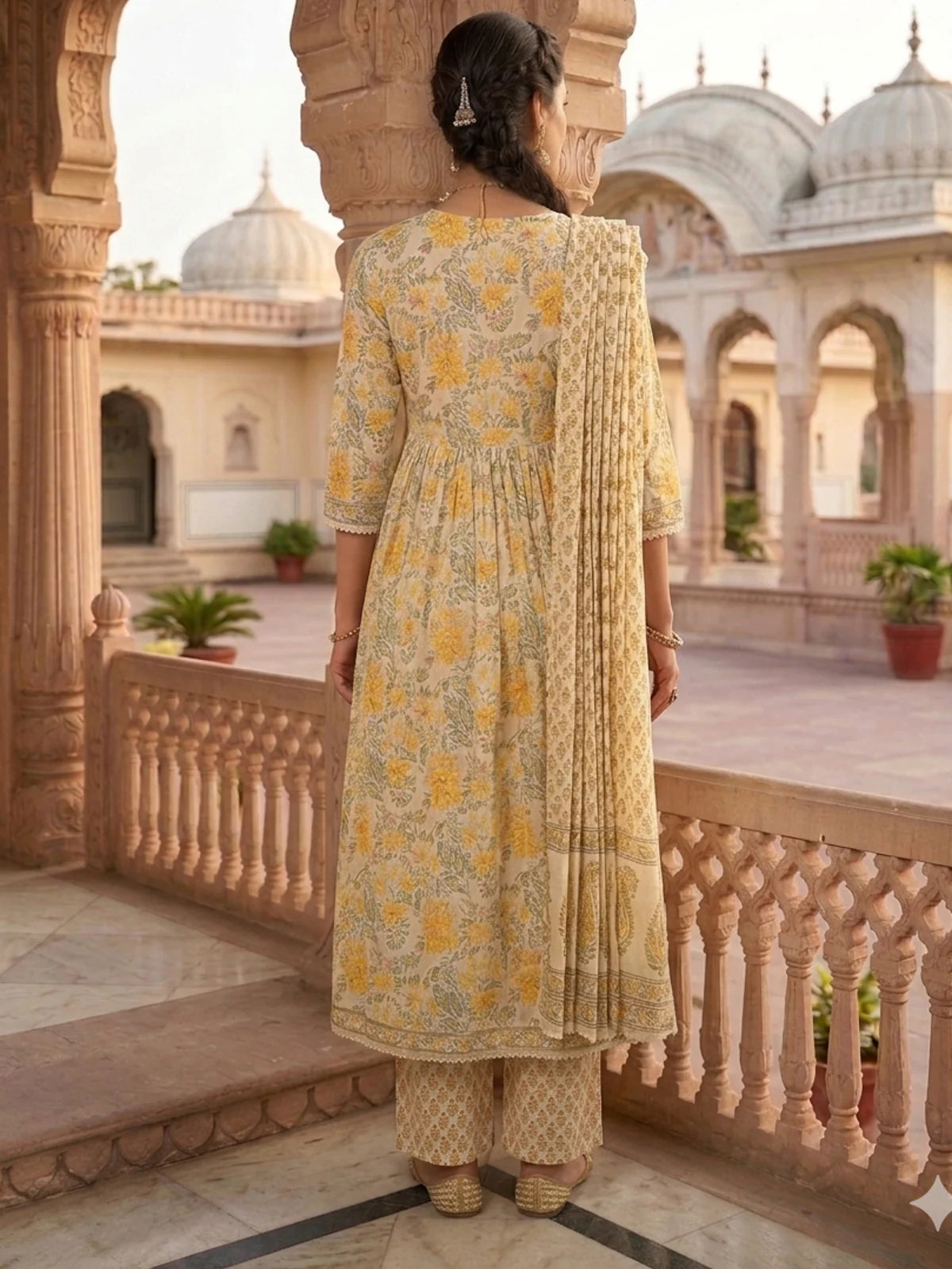 Buy Cotton Hand Work Anarkali Calf Length Kurta With Pant and Dupatta-Yellow