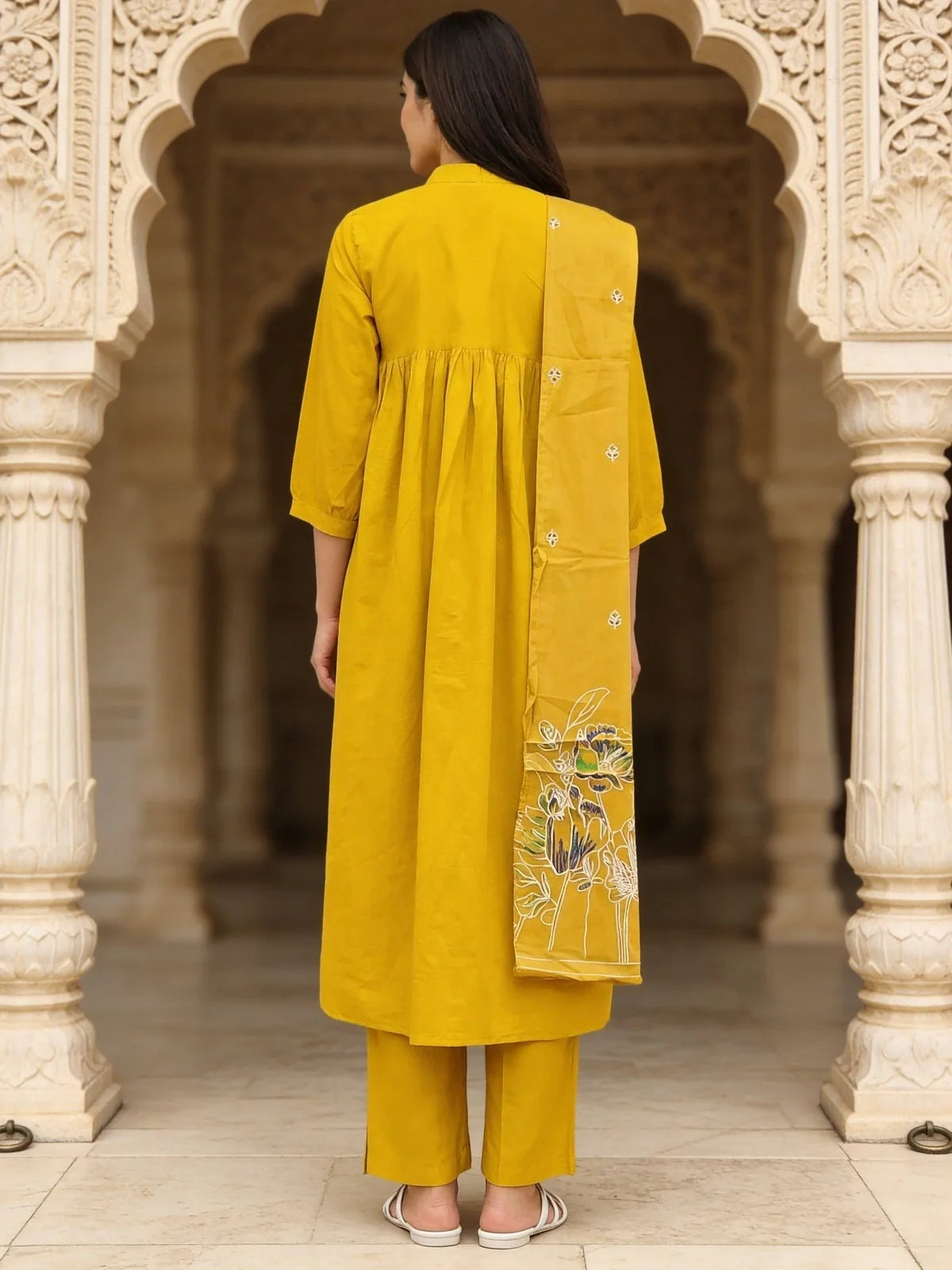 Buy Yellow Cotton Embroidered Anarkali Calf Length Kurta With Pant and Dupatta-Yellow