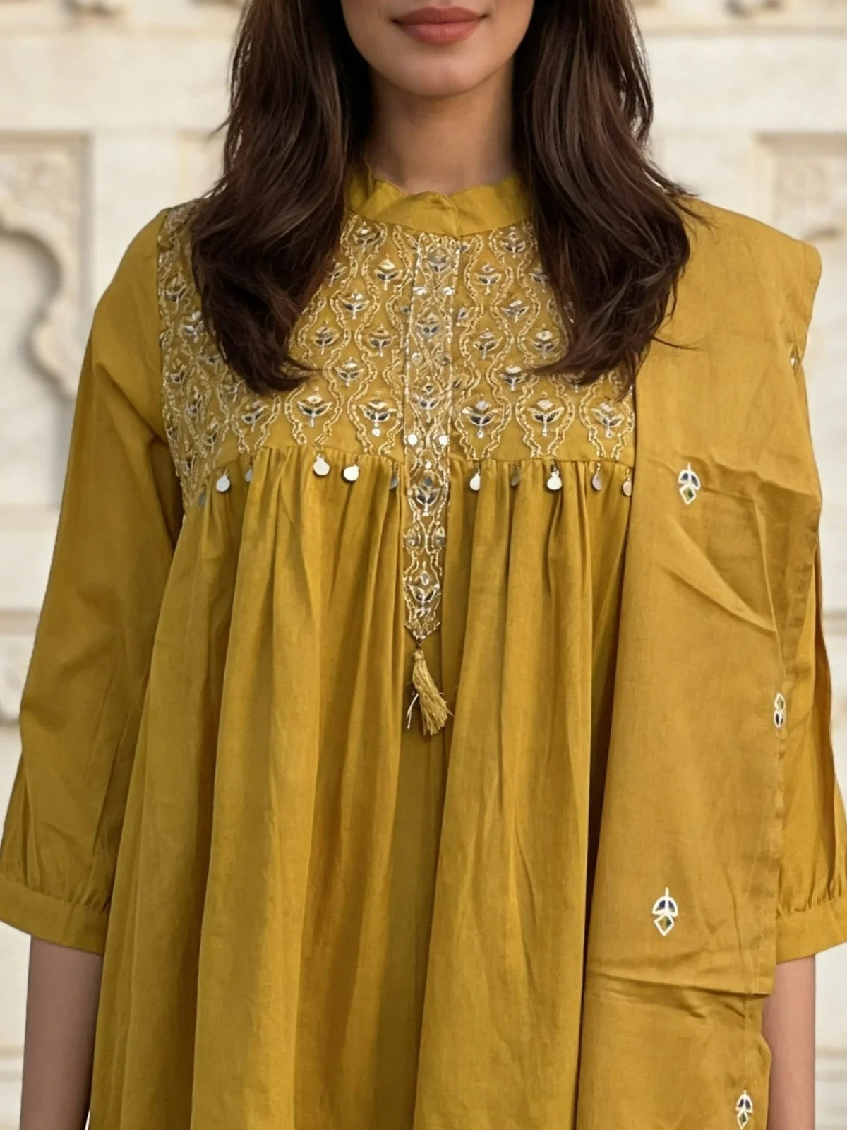 Buy Yellow Cotton Embroidered Anarkali Calf Length Kurta With Pant and Dupatta-Yellow