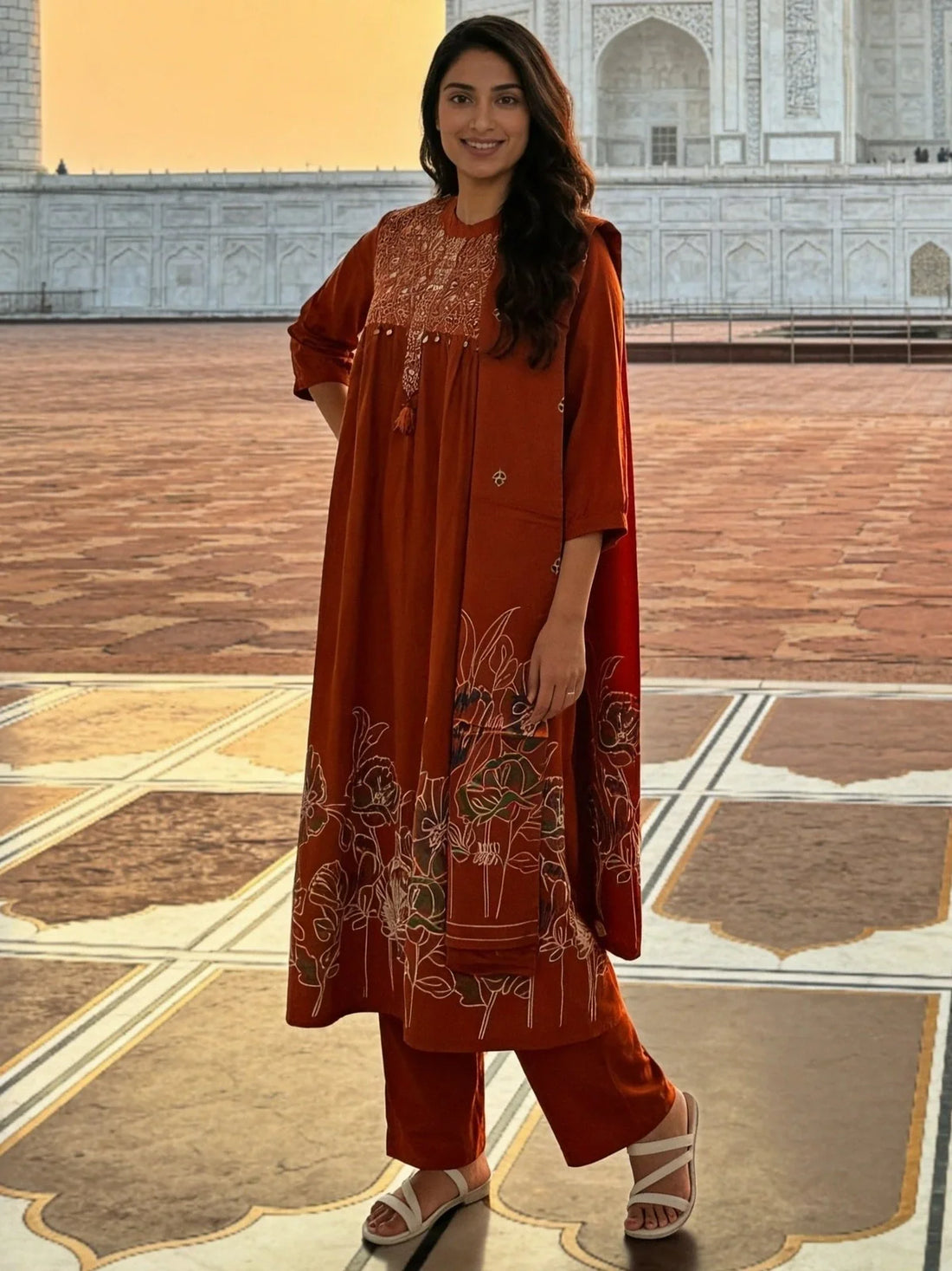 Buy Rust Cotton Embroidered Anarkali Calf Length Kurta With Pant and Dupatta-Rust