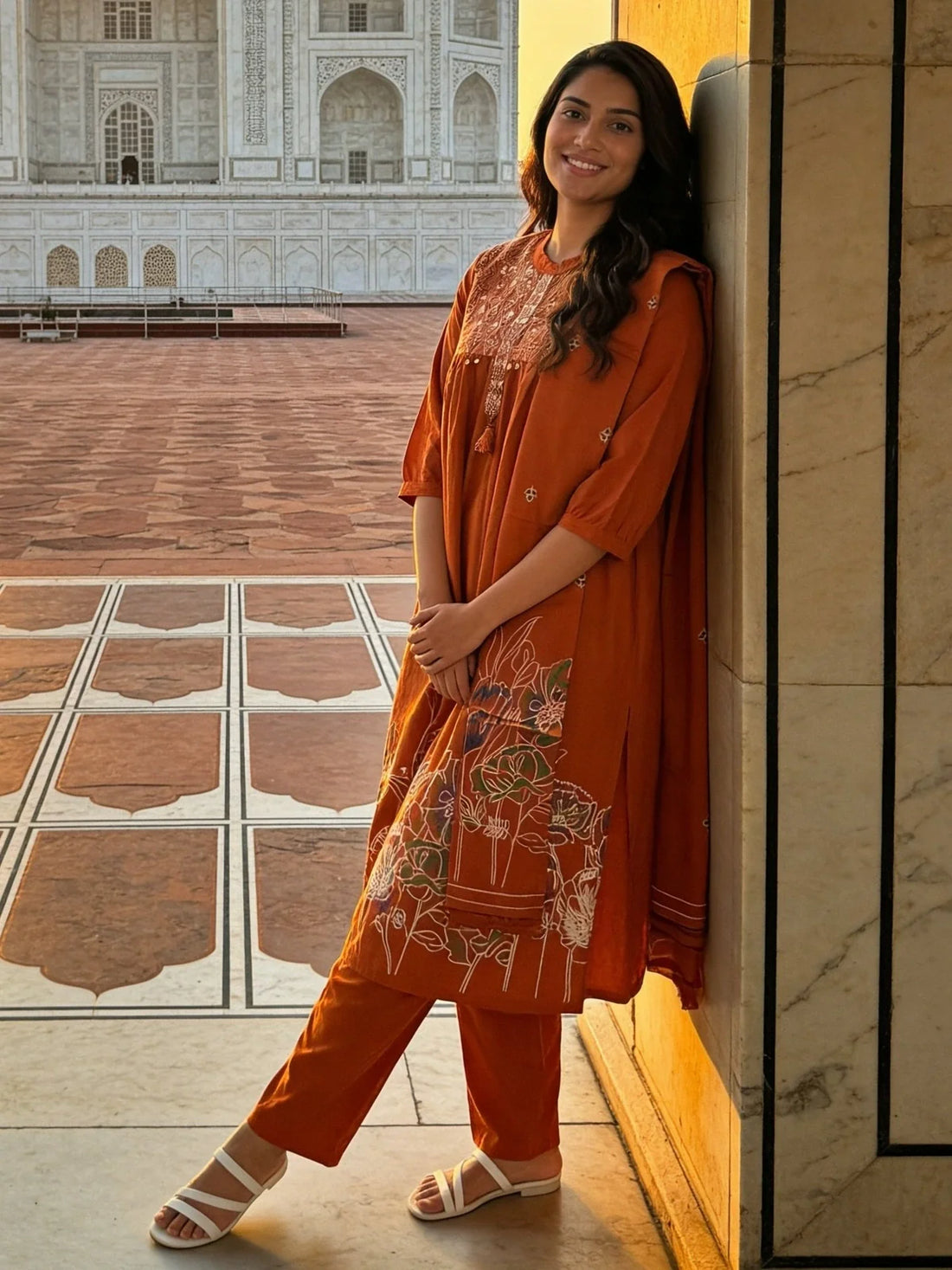 Buy Rust Cotton Embroidered Anarkali Calf Length Kurta With Pant and Dupatta-Rust