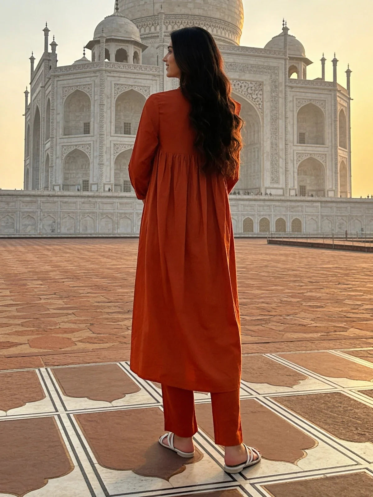 Buy Rust Cotton Embroidered Anarkali Calf Length Kurta With Pant and Dupatta-Rust