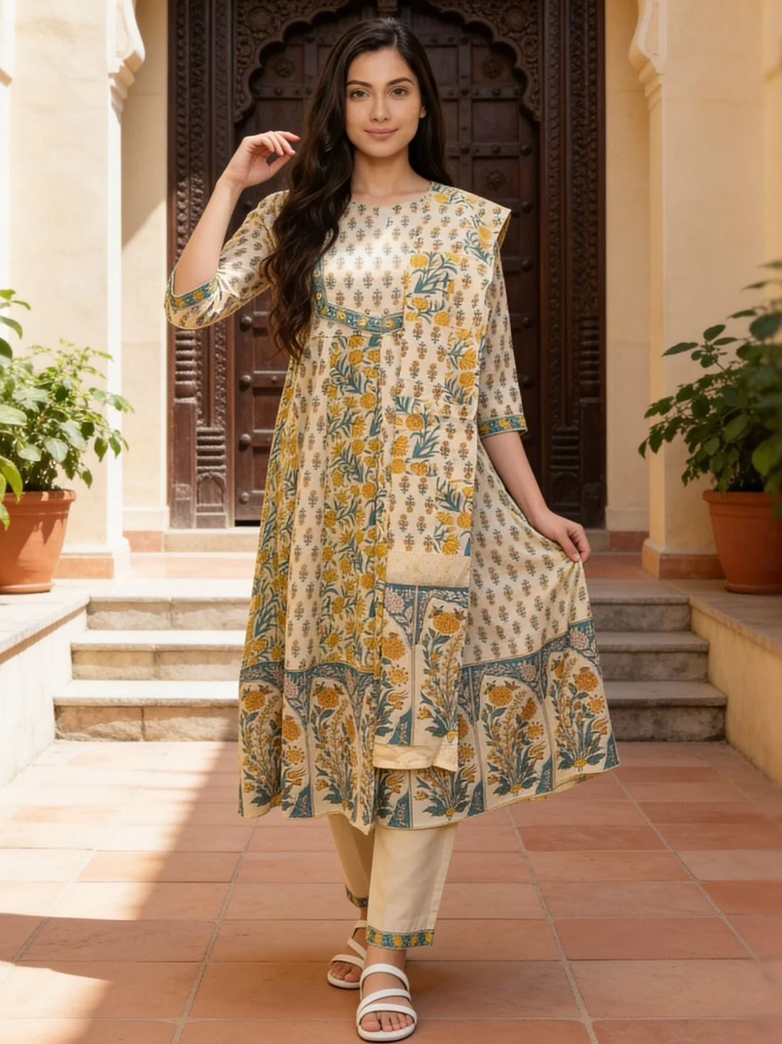Buy Cotton Embroidered Anarkali Calf Length Kurta With Pant and Dupatta-Yellow