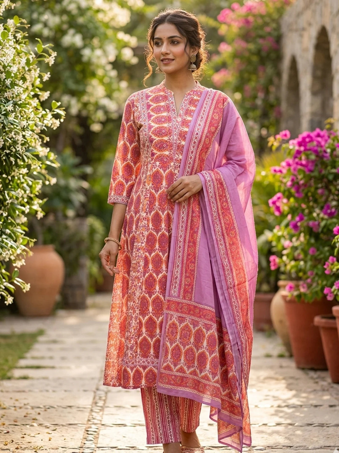 Buy Cotton Embroidered Anarkali Calf Length Kurta with Pant and Dupatta-Pink
