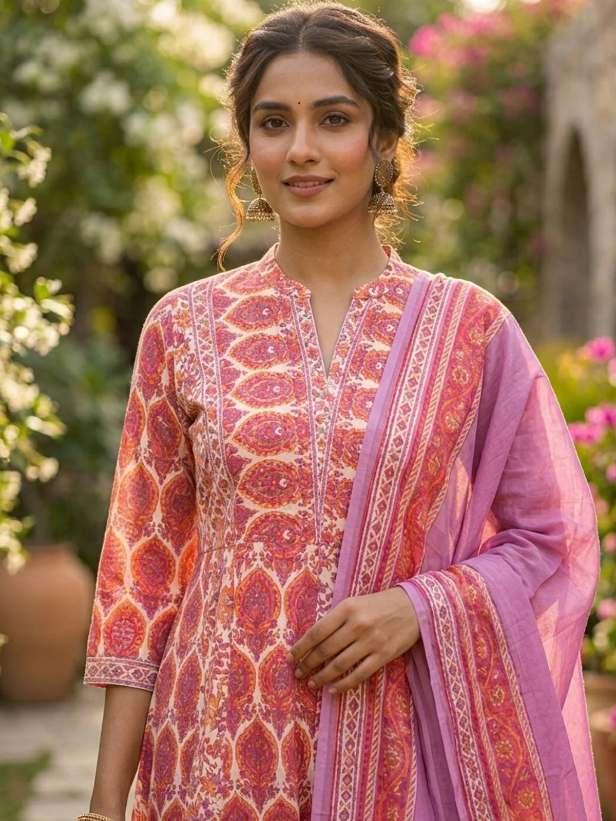 Buy Cotton Embroidered Anarkali Calf Length Kurta with Pant and Dupatta-Pink