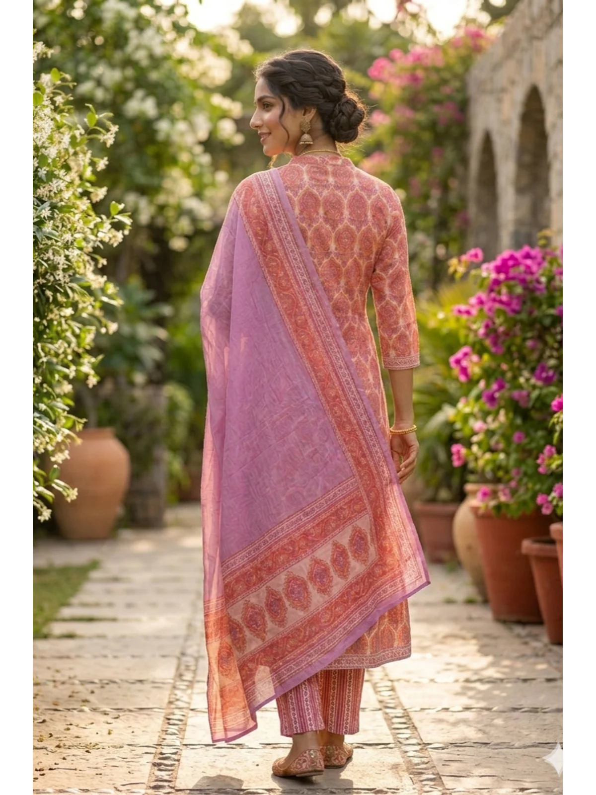 Buy Cotton Embroidered Anarkali Calf Length Kurta with Pant and Dupatta-Pink