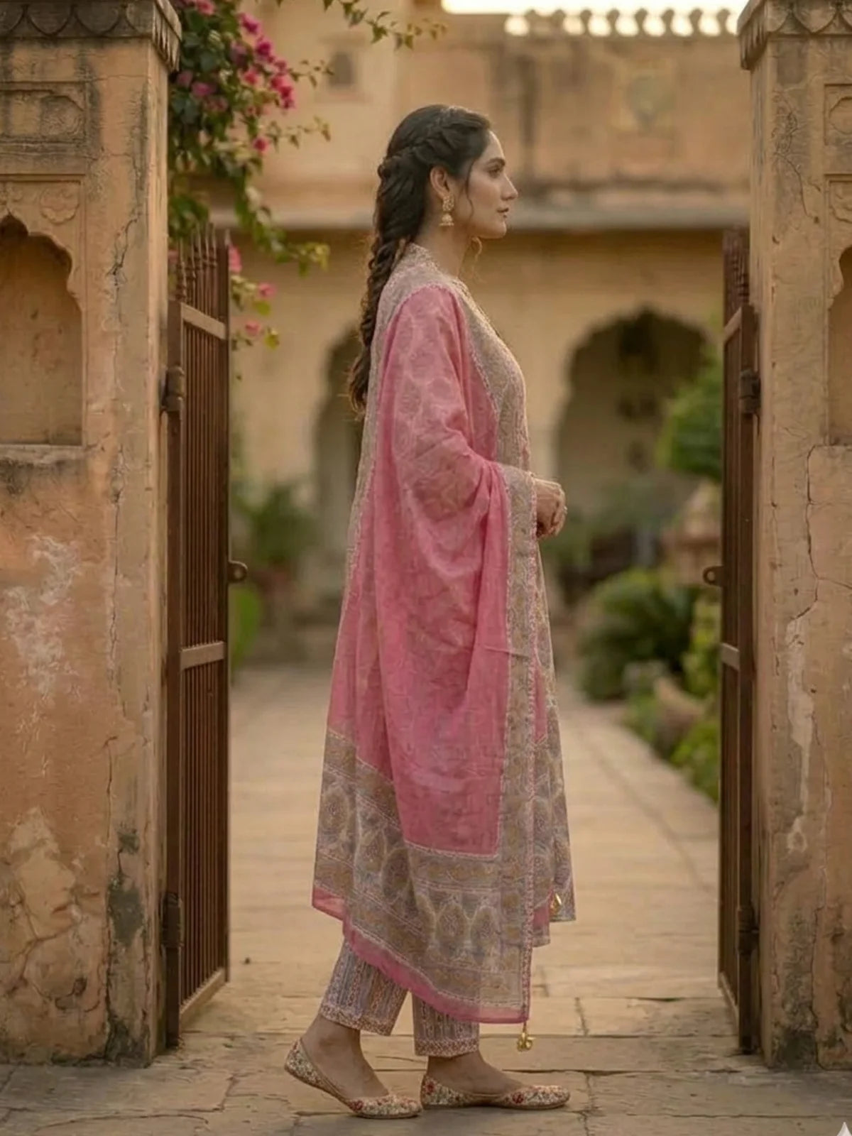 Buy Cotton Embroidered Anarkali Calf Length Kurta with Pant and Dupatta-Yellow