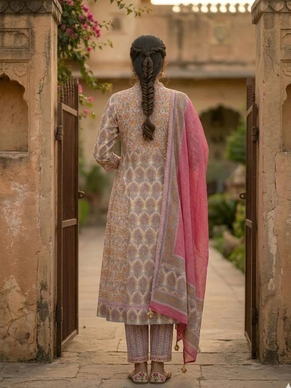 Buy Cotton Embroidered Anarkali Calf Length Kurta with Pant and Dupatta-Yellow