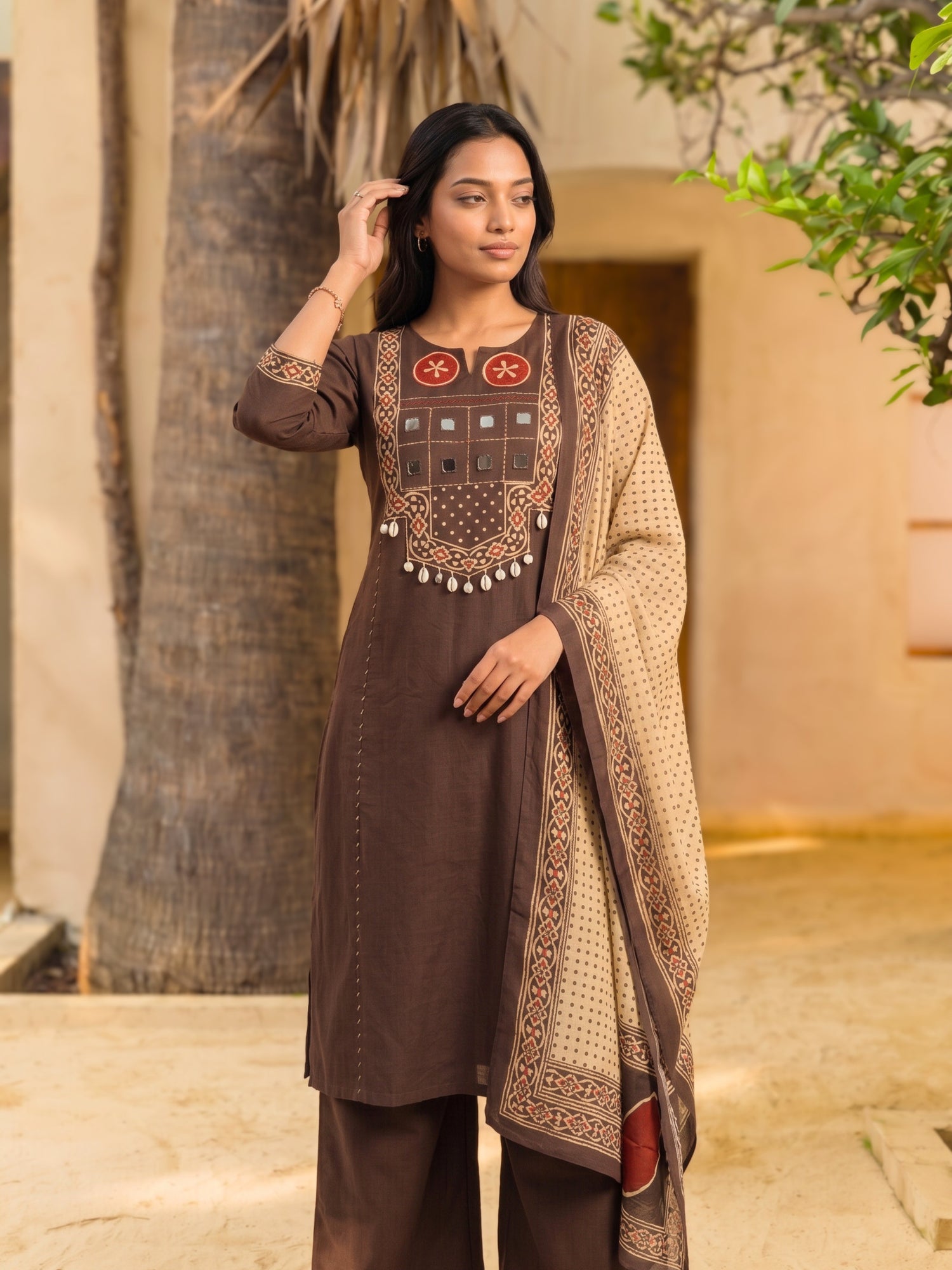 Buy Cotton Embroidered Straight Calf Length Kurta With Pant and Dupatta-Brown
