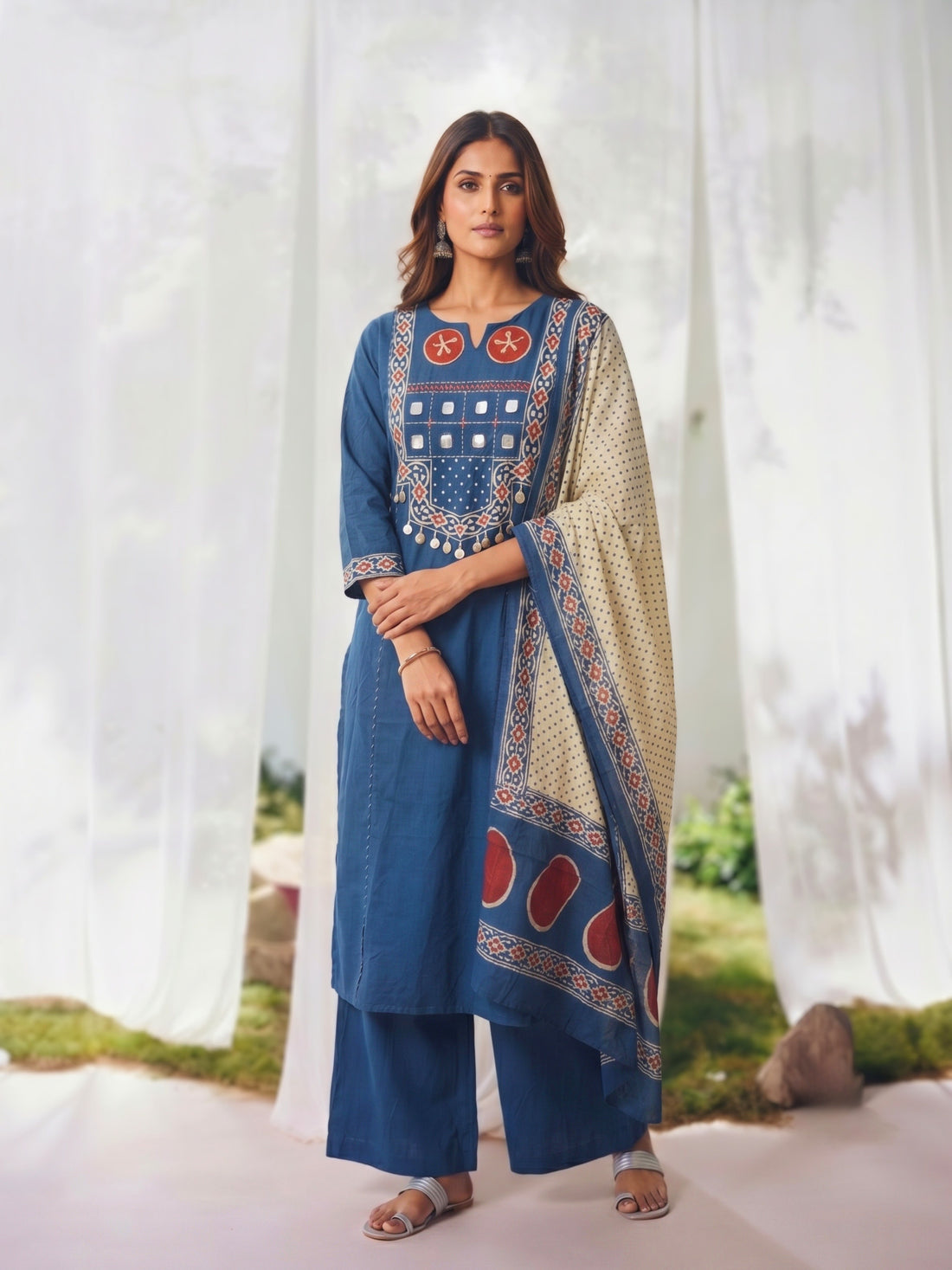 Buy Cotton Embroidered Straight Calf Length Kurta With Pant and Dupatta-Blue