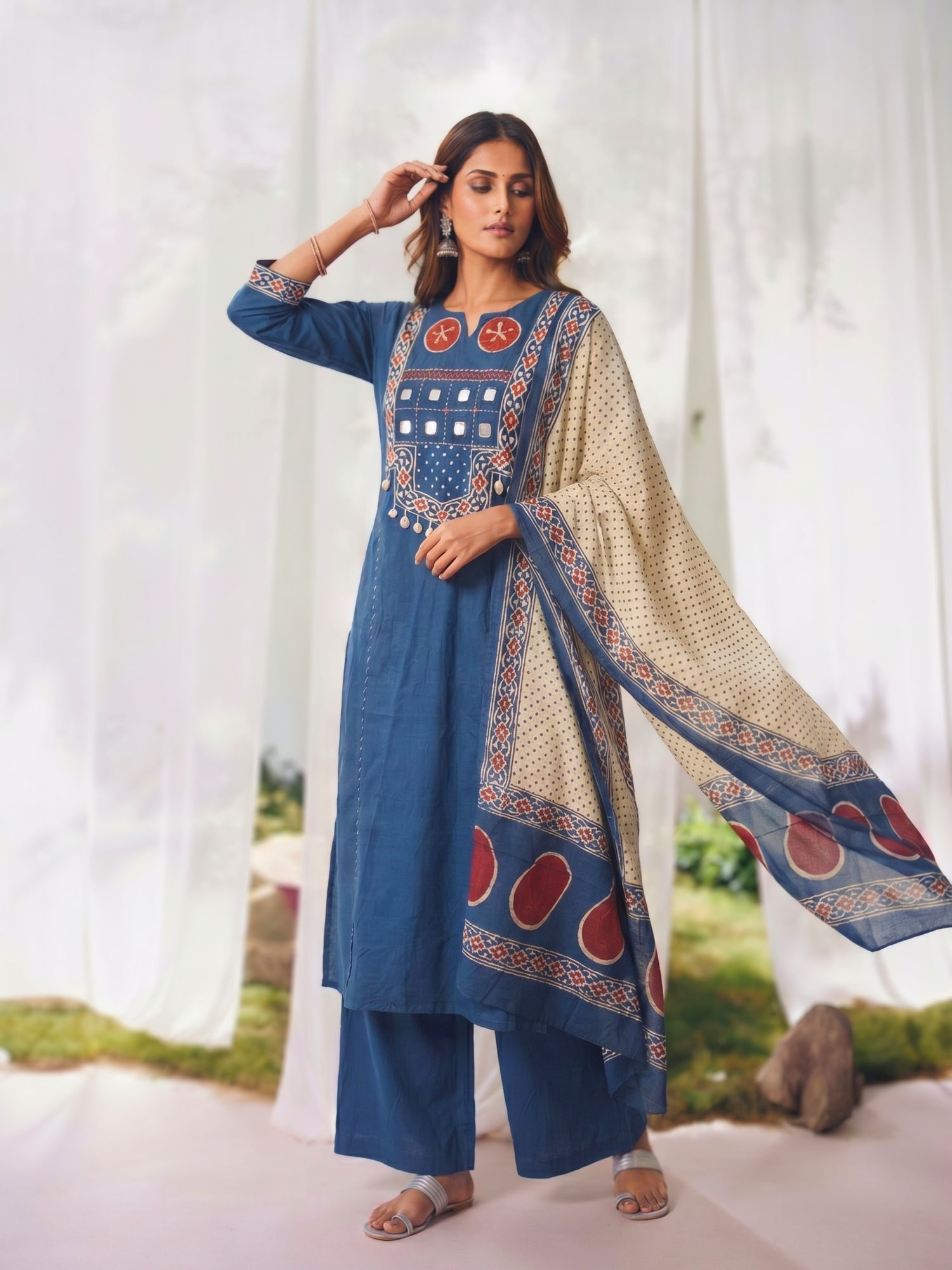 Buy Cotton Embroidered Straight Calf Length Kurta With Pant and Dupatta-Blue