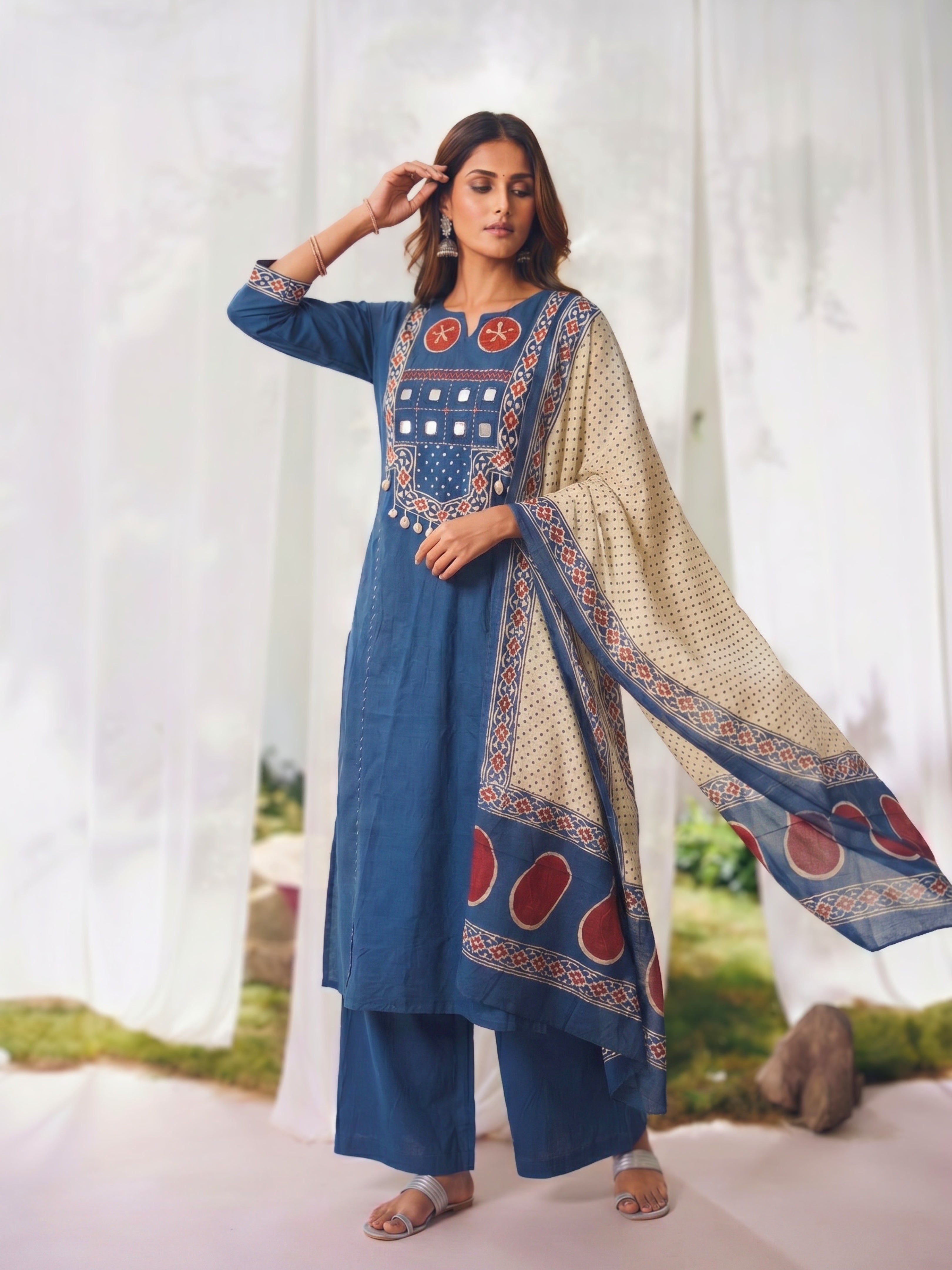 Cotton Embroidered Straight Calf Length Kurta With Pant and Dupatta