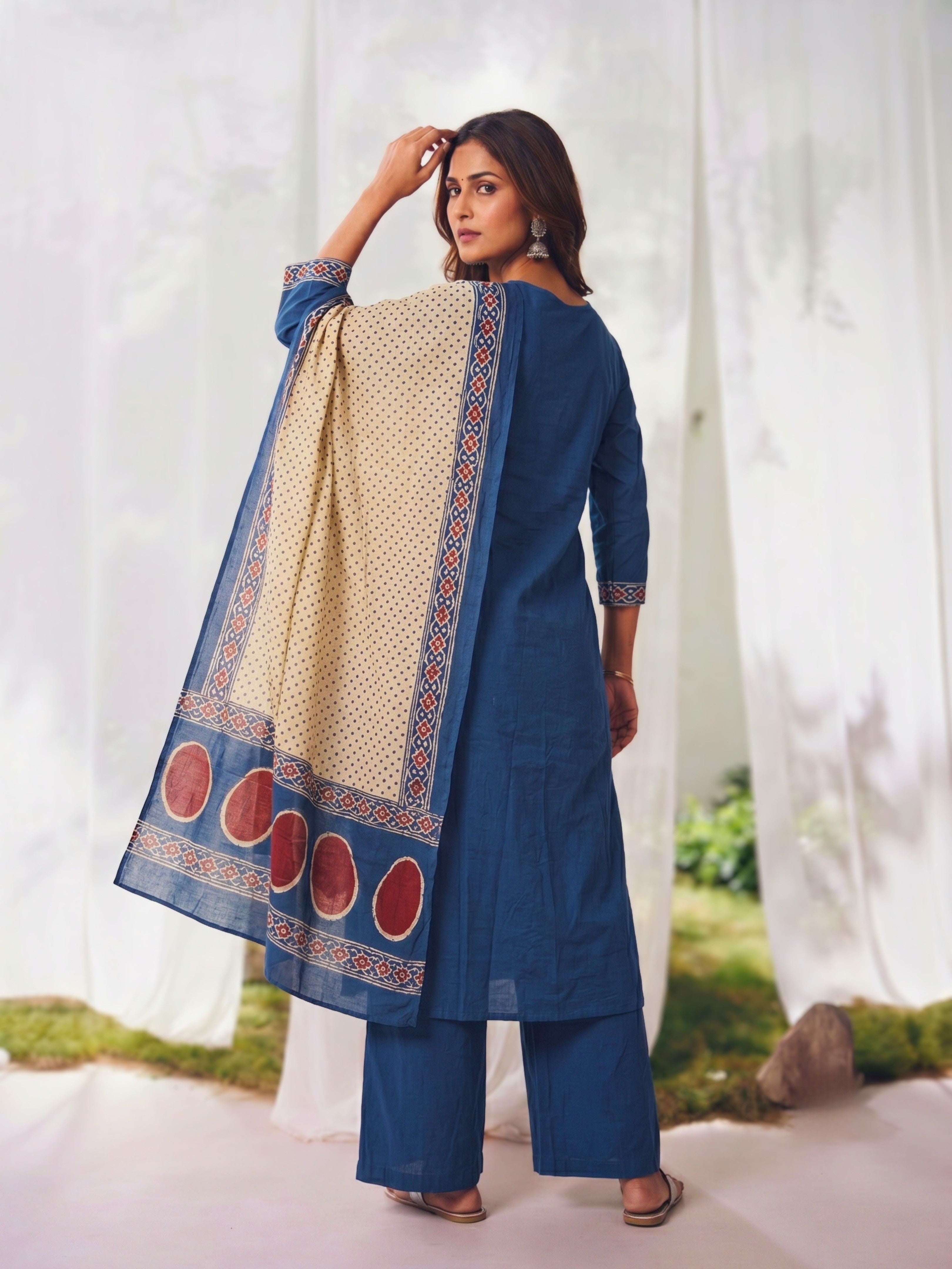 Cotton Embroidered Straight Calf Length Kurta With Pant and Dupatta