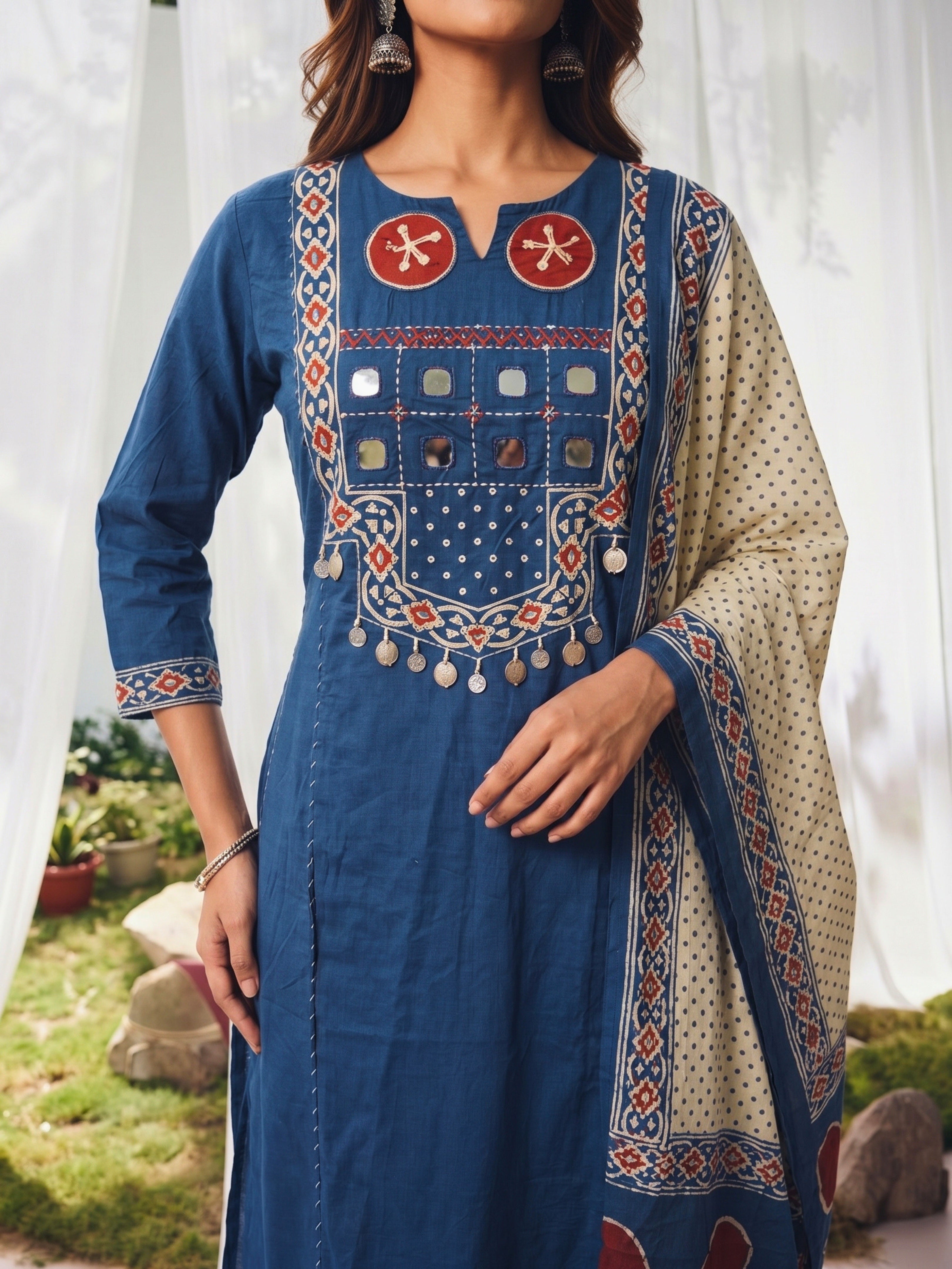 Cotton Embroidered Straight Calf Length Kurta With Pant and Dupatta