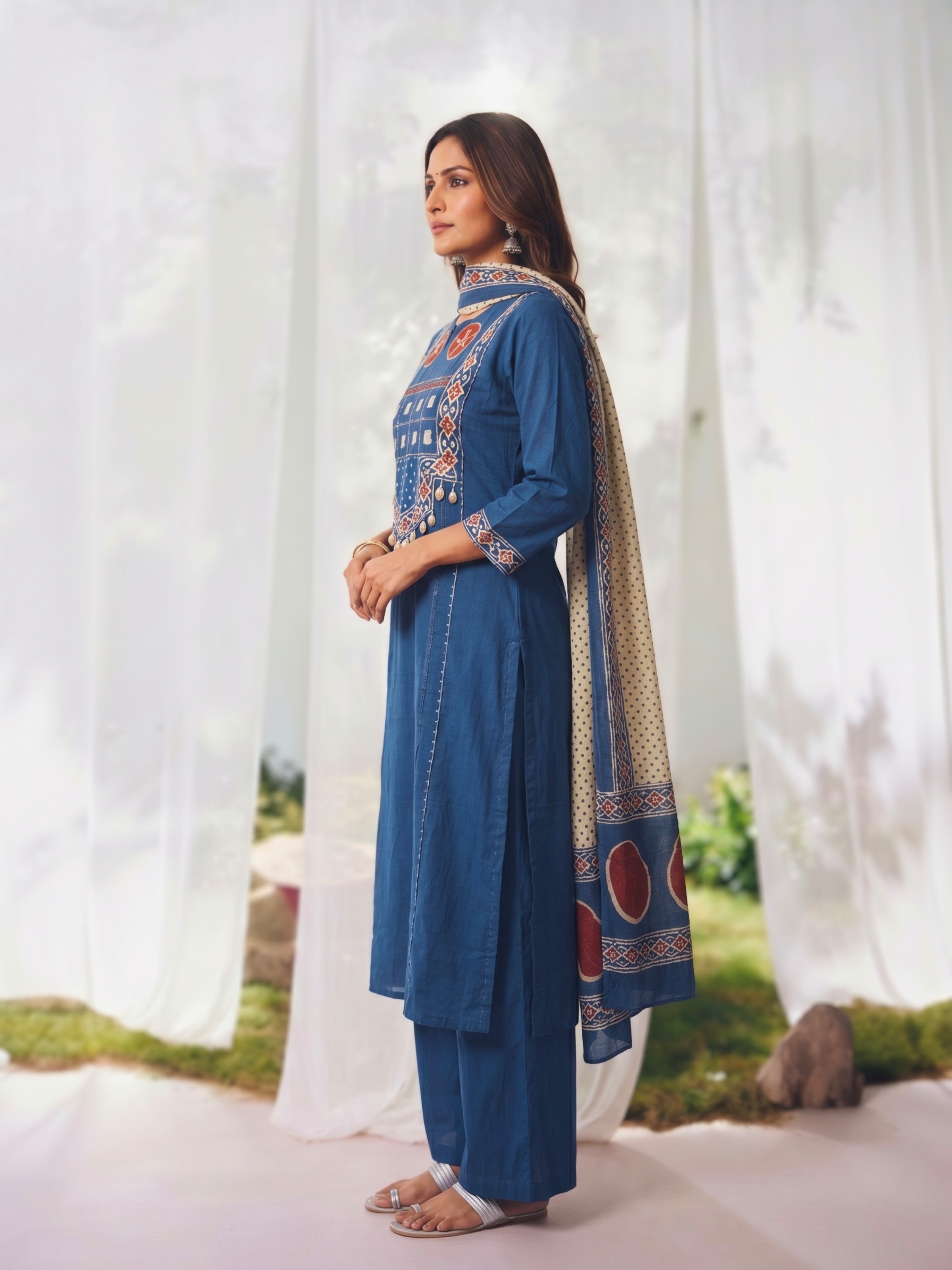 Cotton Embroidered Straight Calf Length Kurta With Pant and Dupatta