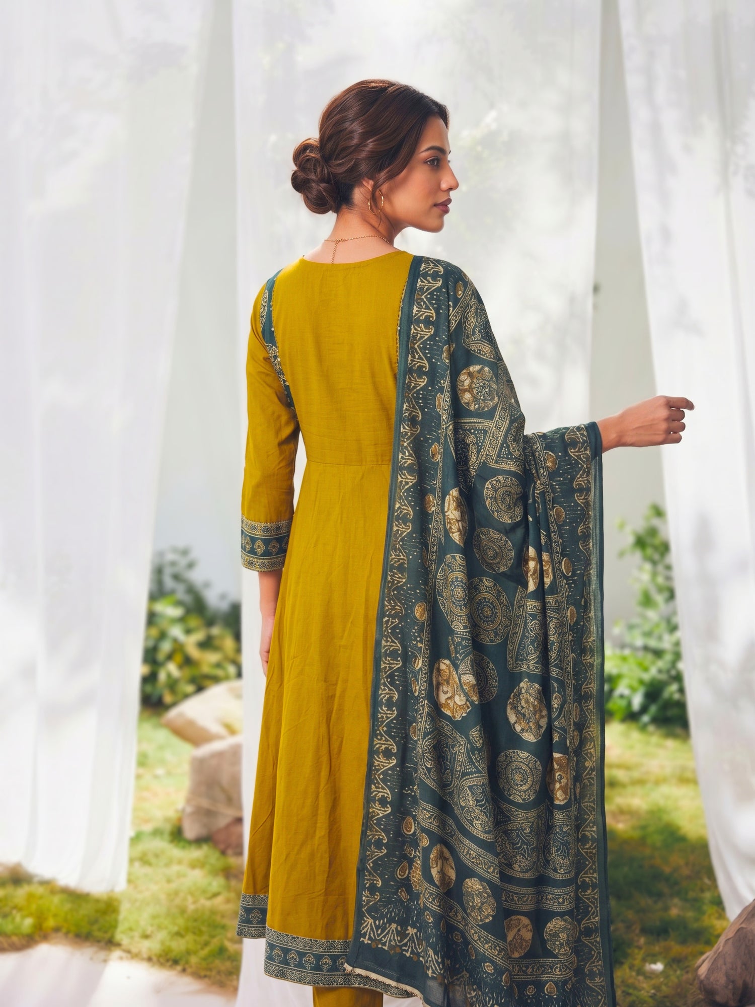 Buy Rayon Embroidered Straight Calf Length Kurta With Pant and Dupatta-Mustard