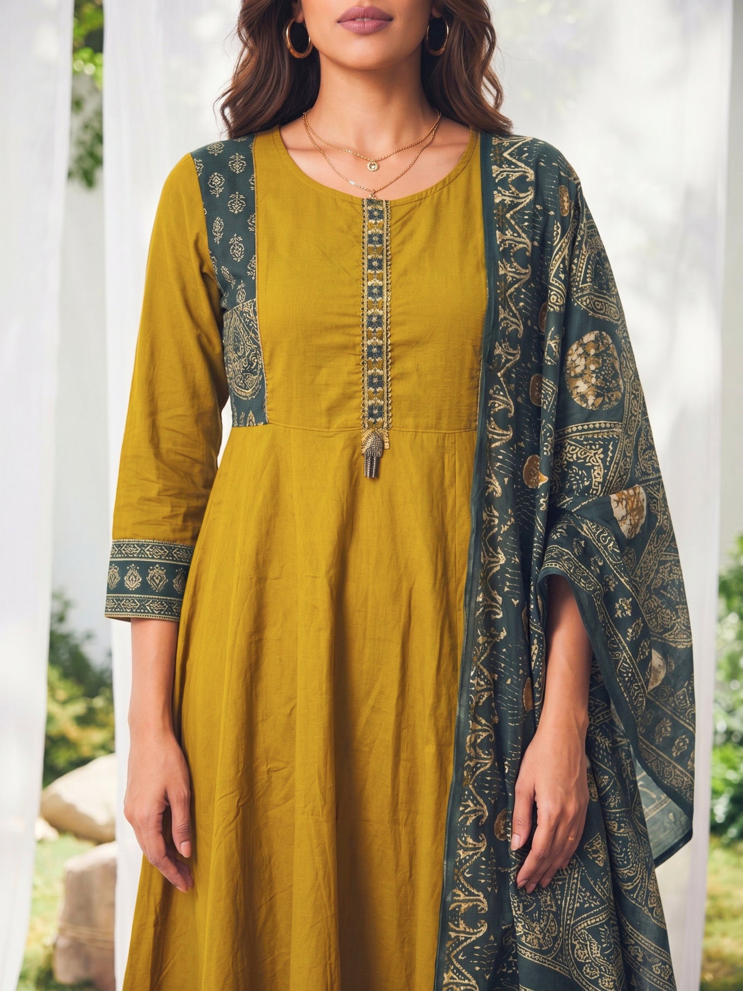 Buy Rayon Embroidered Straight Calf Length Kurta With Pant and Dupatta-Mustard
