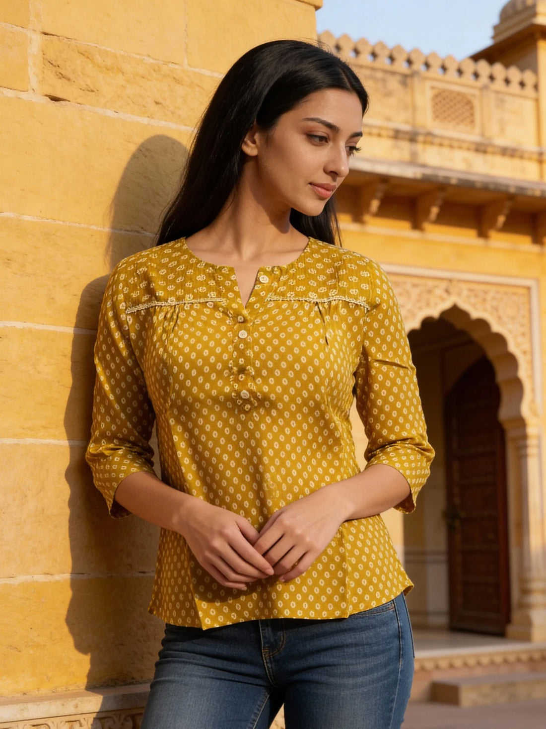 Buy Rayon Printed Straight Above Knee Short Kurta-Mustard