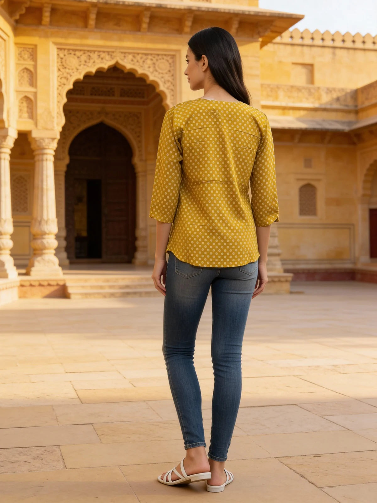 Buy Rayon Printed Straight Above Knee Short Kurta-Mustard