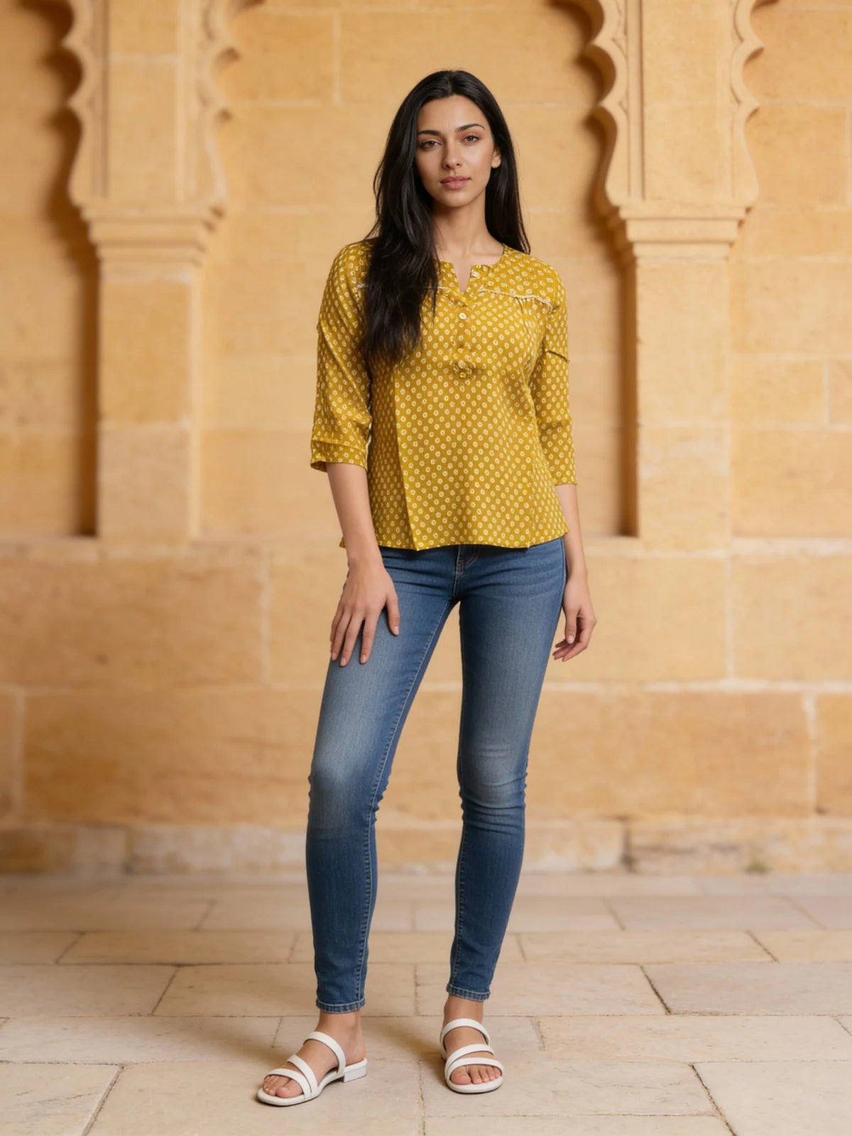 Buy Rayon Printed Straight Above Knee Short Kurta-Mustard