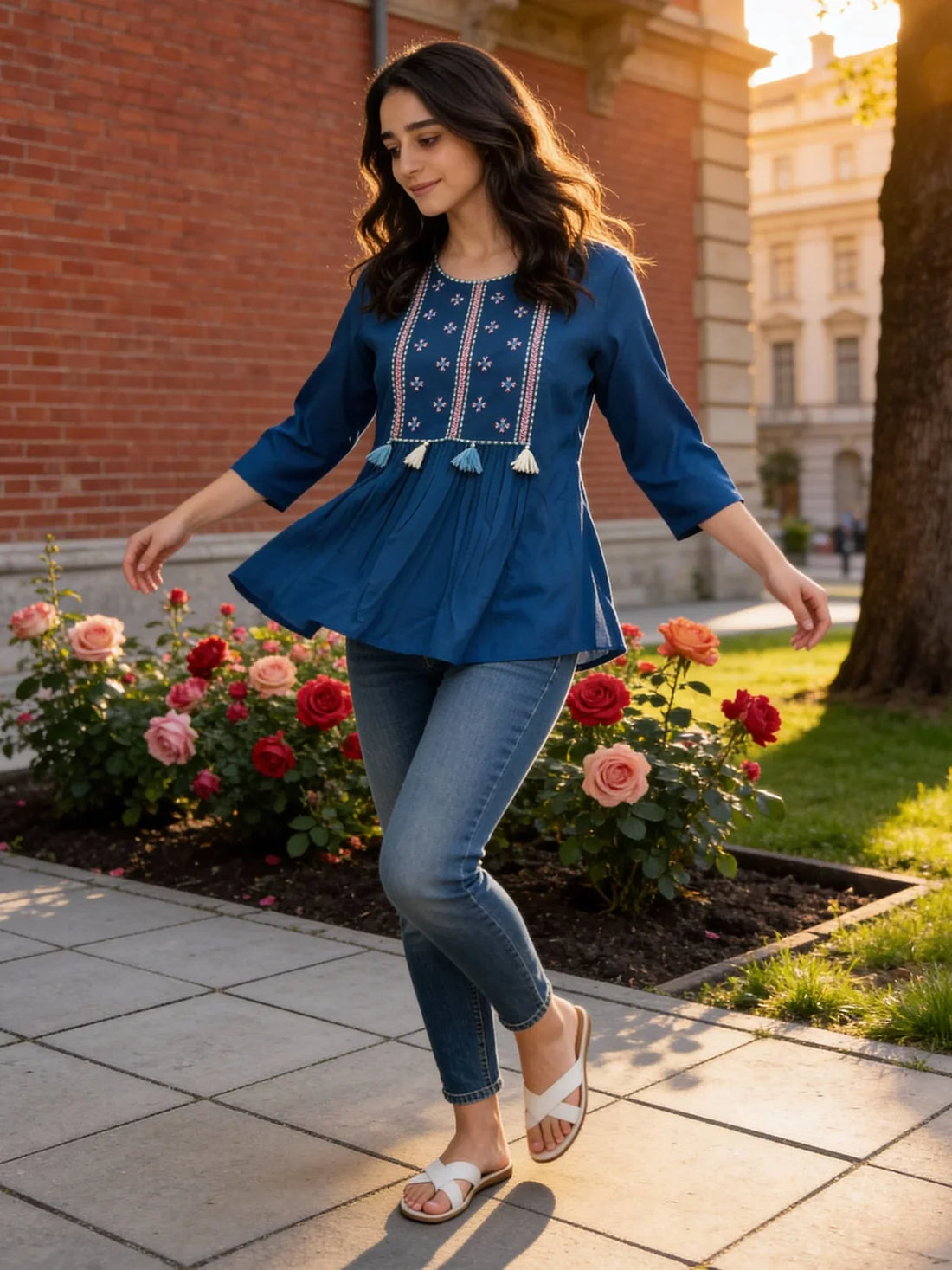 Buy Rayon Embroidered A-Line Short Length Short Kurti-Blue