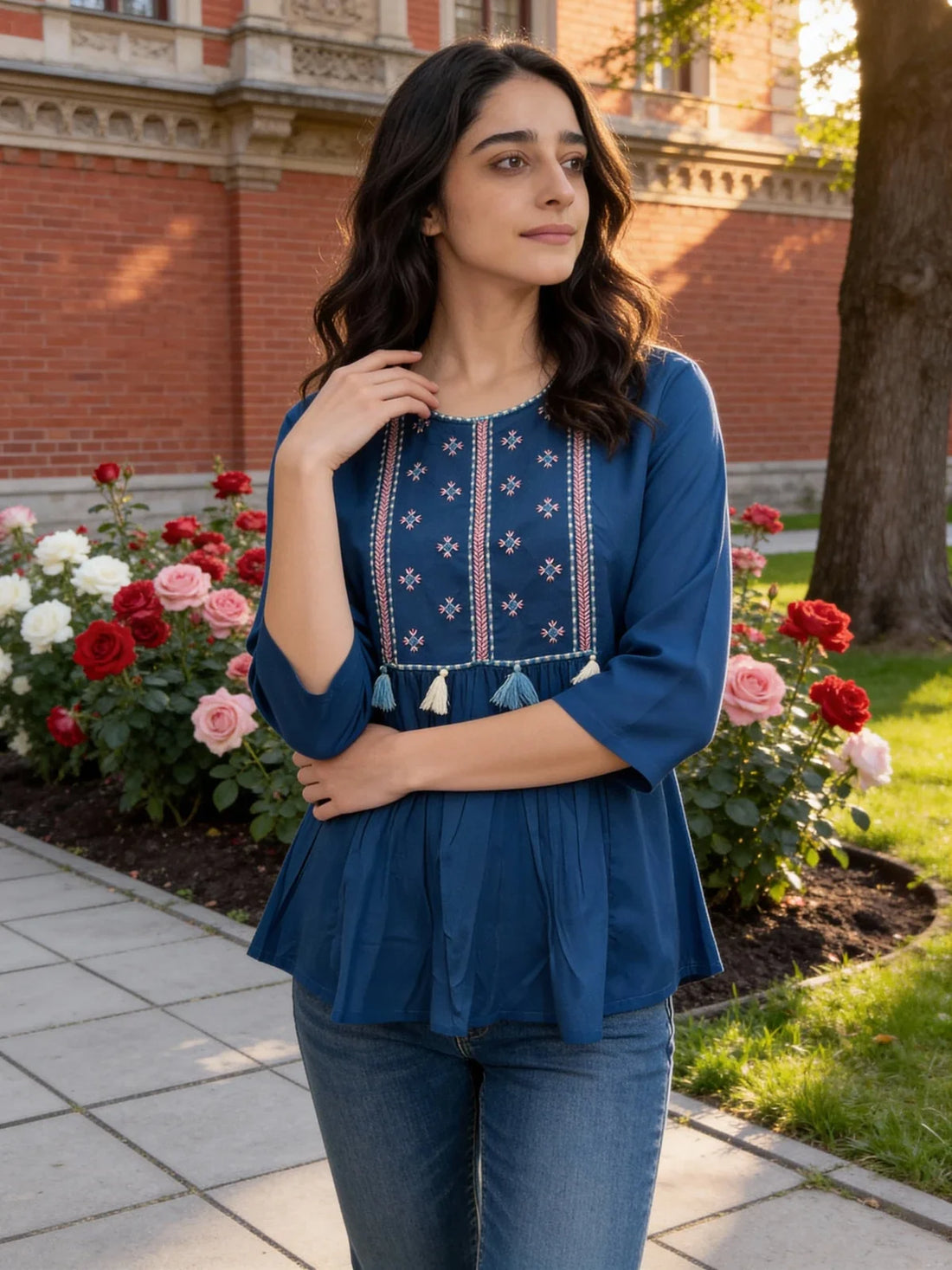 Buy Rayon Embroidered A-Line Short Length Short Kurti-Blue