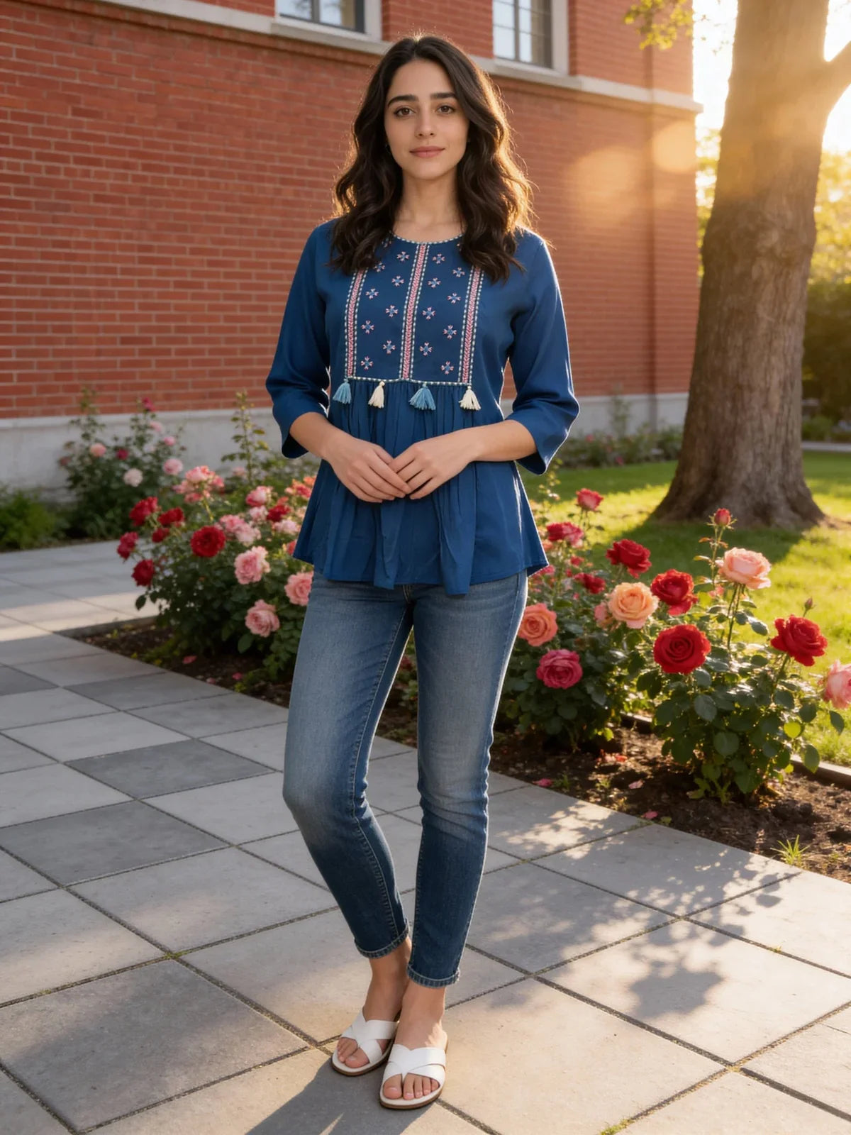 Buy Rayon Embroidered A-Line Short Length Short Kurti-Blue