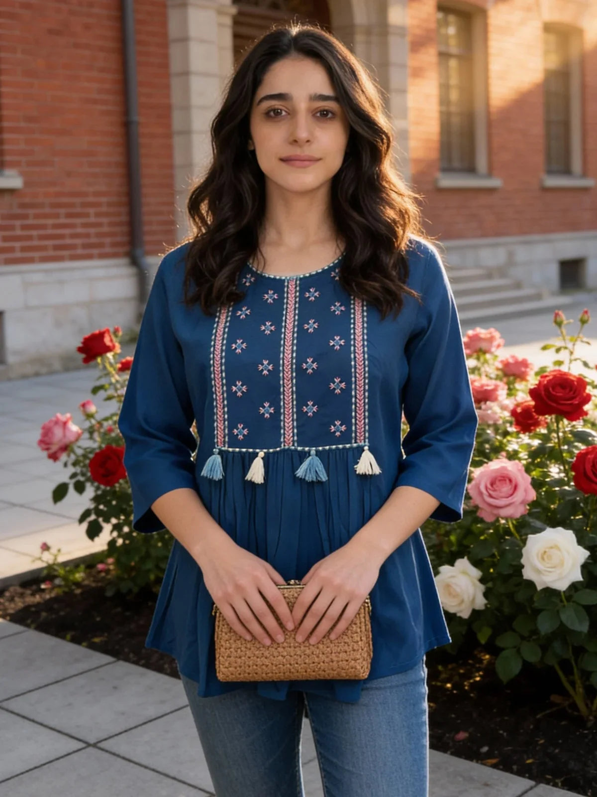 Buy Rayon Embroidered A-Line Short Length Short Kurti-Blue