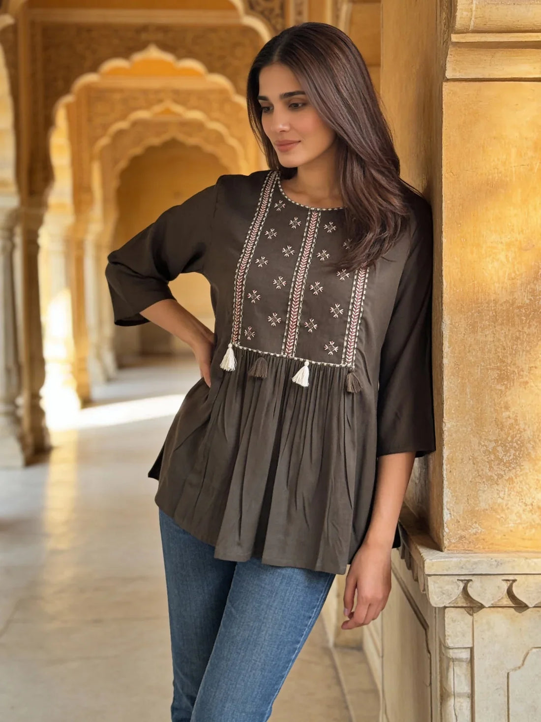 Buy Rayon Embroidered A-Line Short Length Short Kurti-Brown