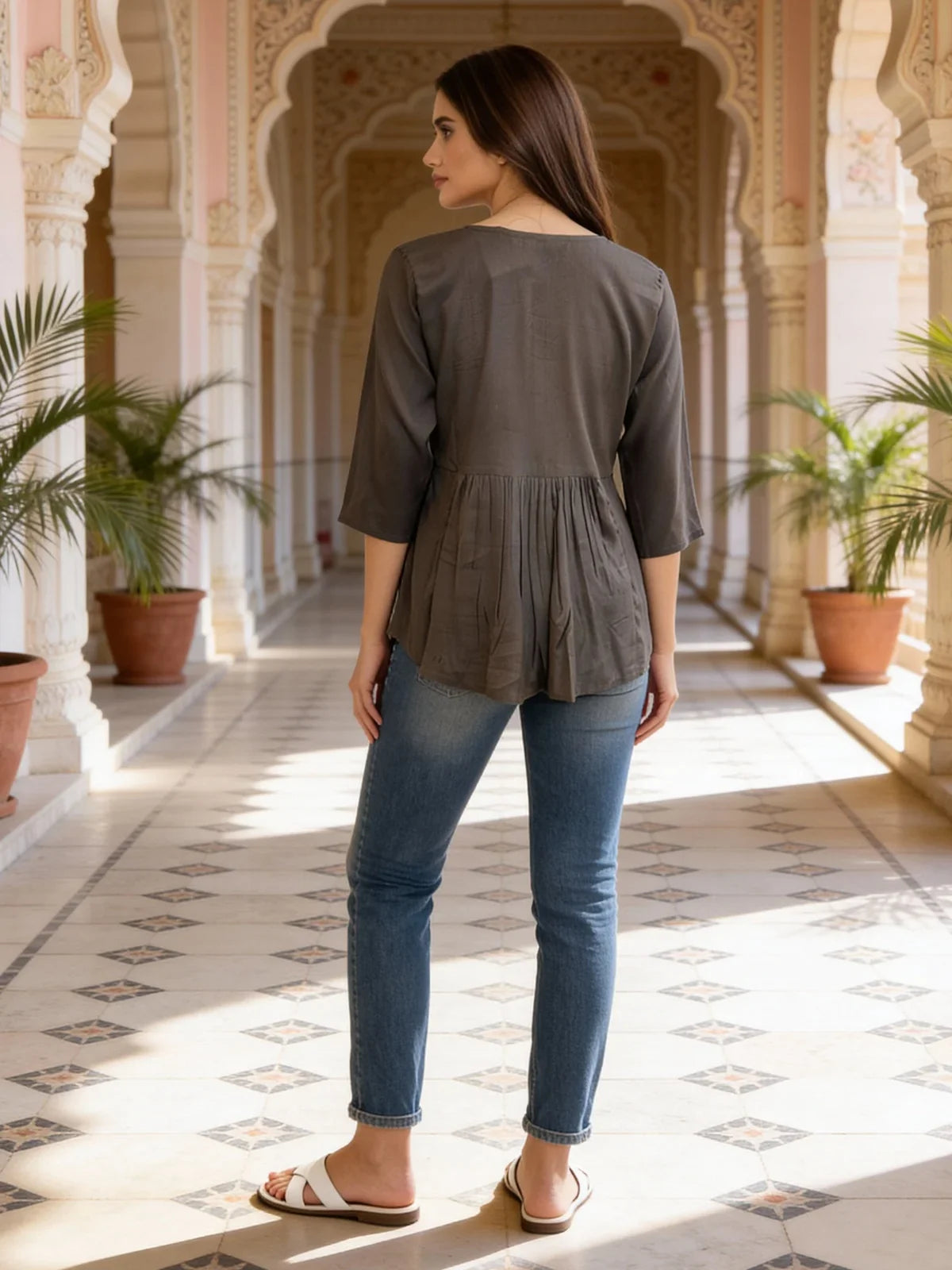 Buy Rayon Embroidered A-Line Short Length Short Kurti-Brown