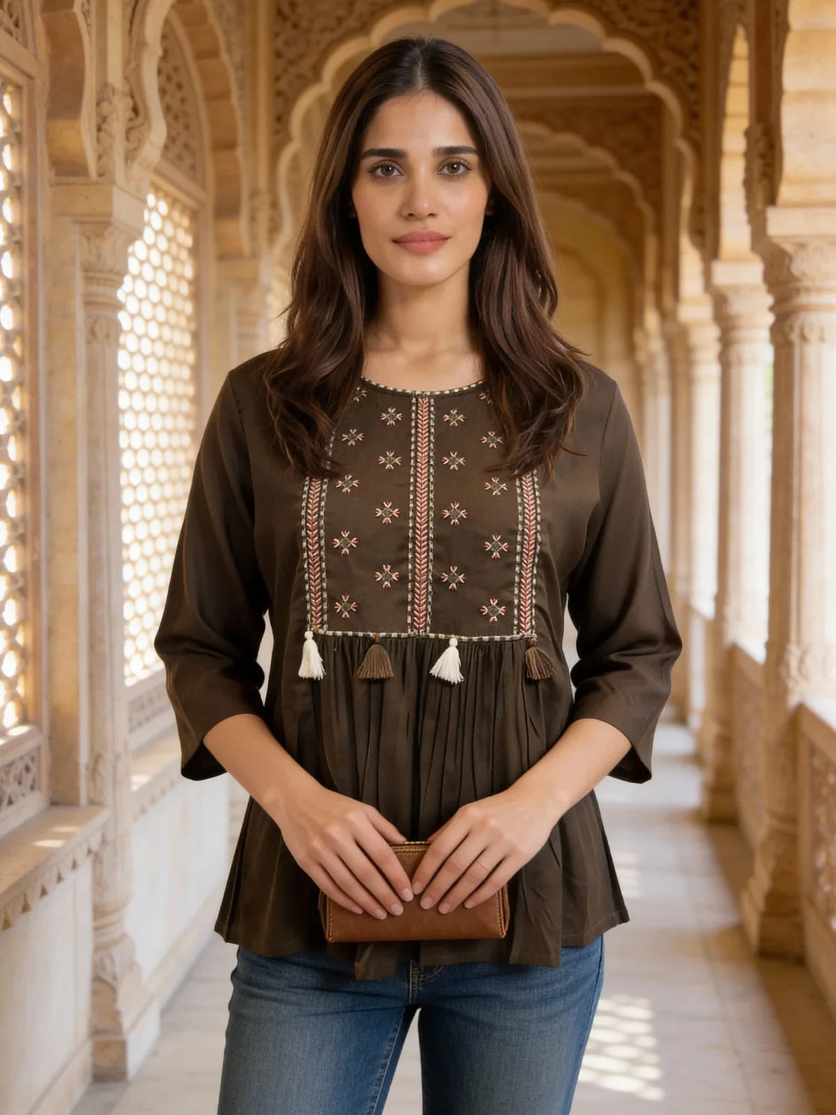 Buy Rayon Embroidered A-Line Short Length Short Kurti-Brown