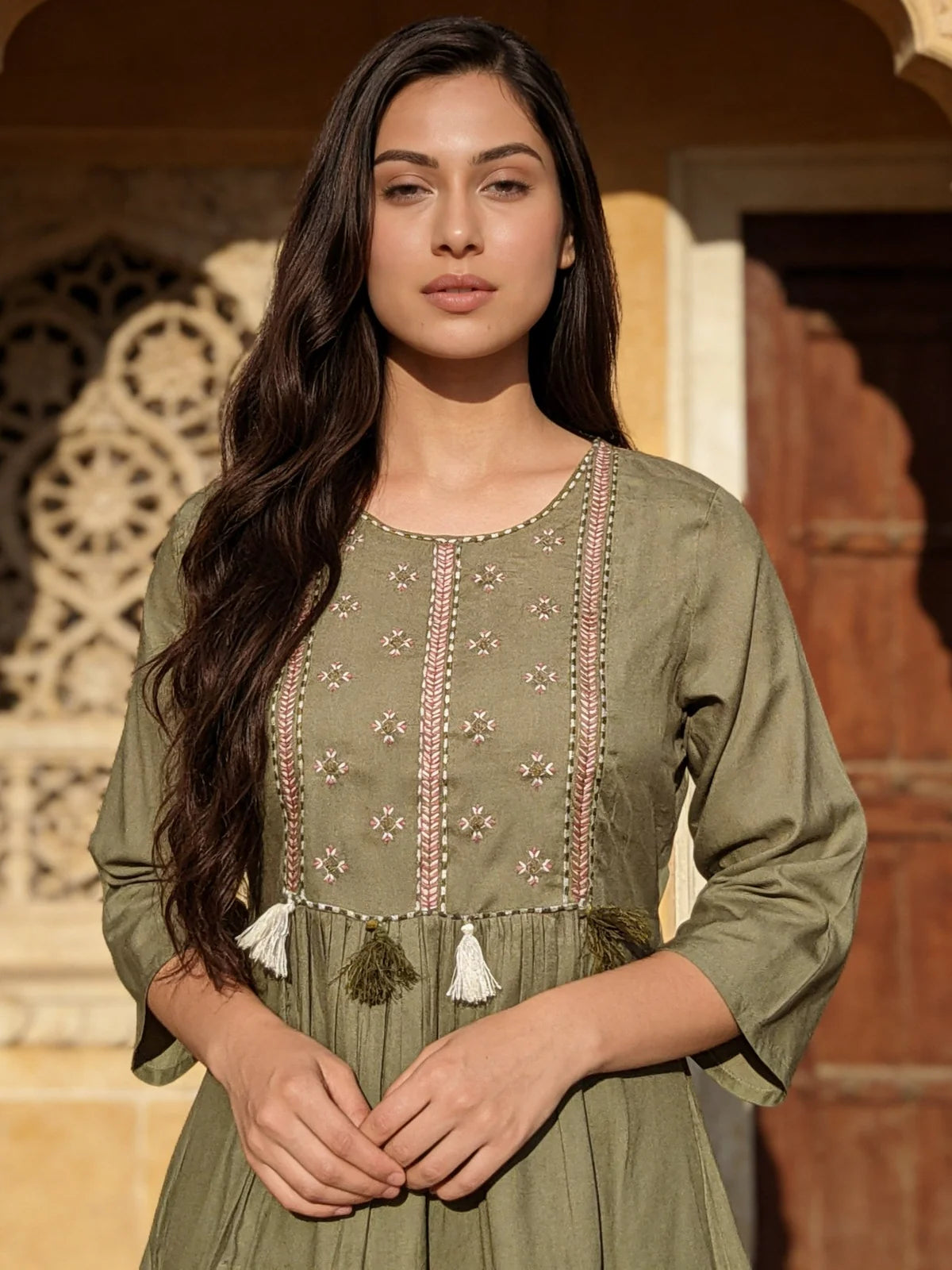 Buy Rayon Embroidered A-Line Short Length Short Kurta-Olive