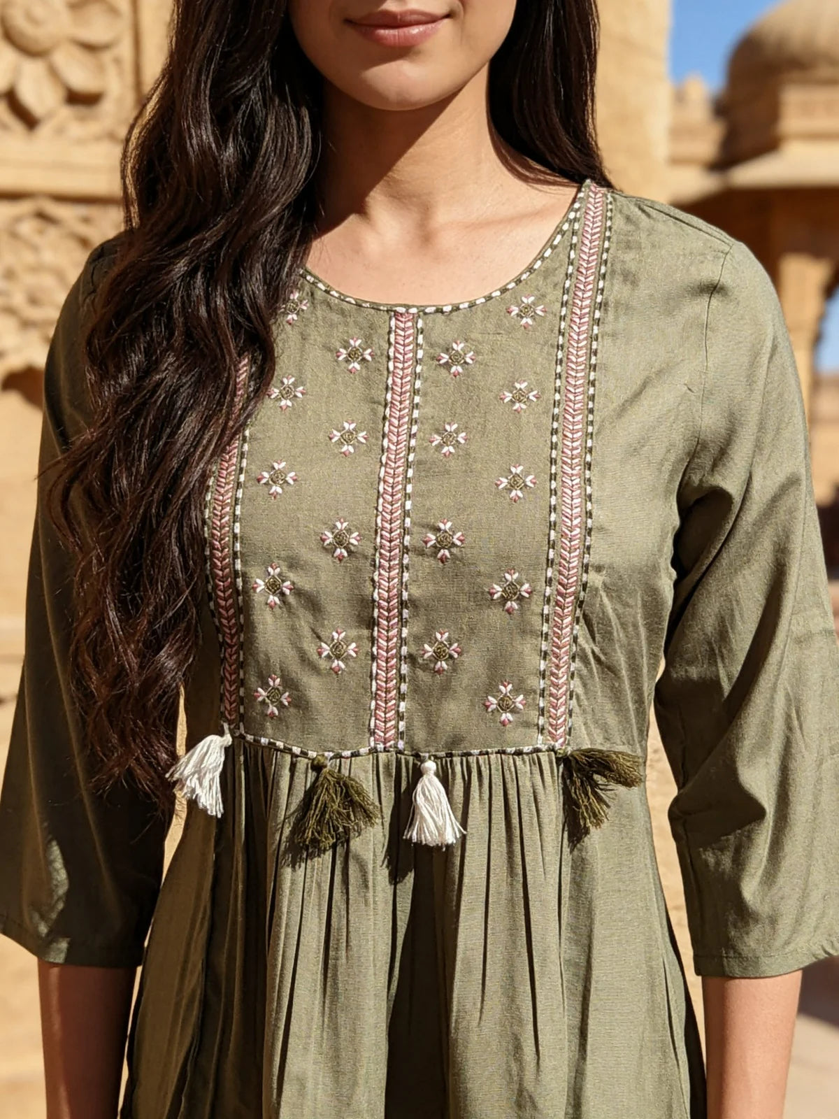 Buy Rayon Embroidered A-Line Short Length Short Kurta-Olive