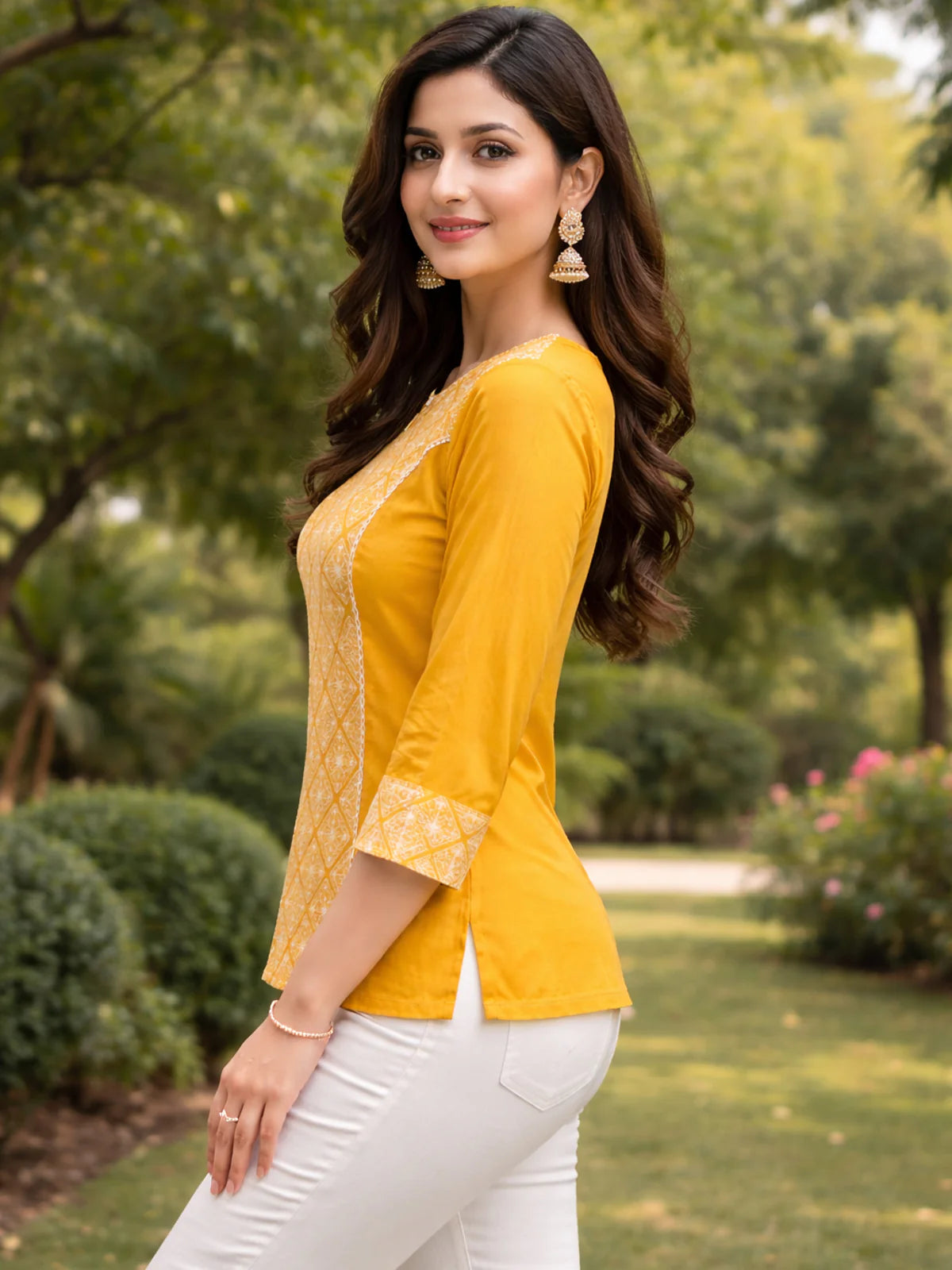 Buy Cotton Printred A-Line Short Length Short Kurta-Mustard