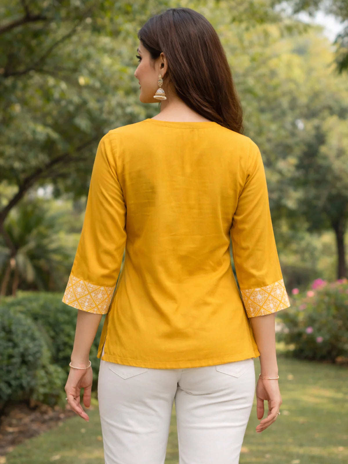 Buy Cotton Printred A-Line Short Length Short Kurta-Mustard
