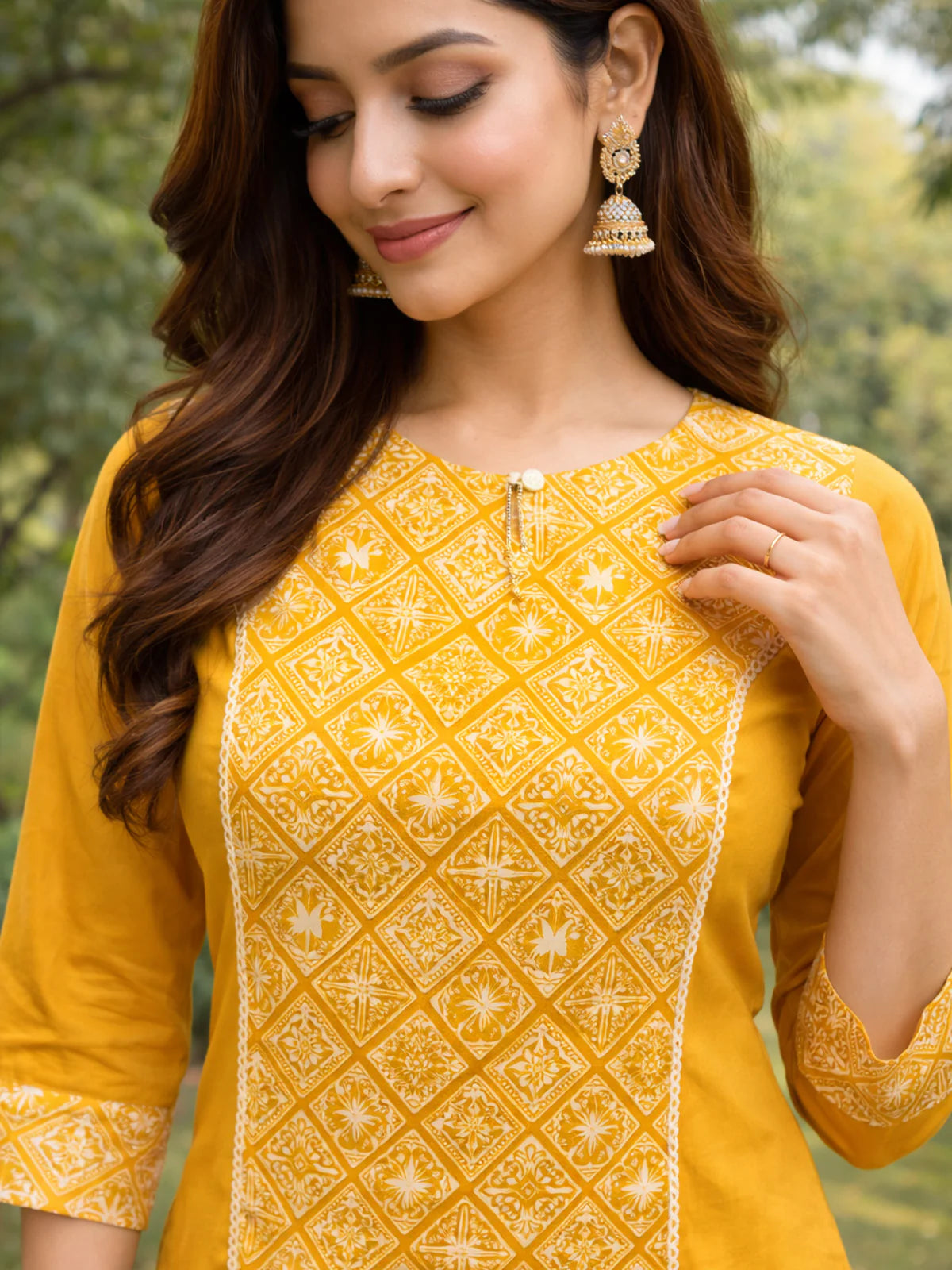 Buy Cotton Printred A-Line Short Length Short Kurta-Mustard