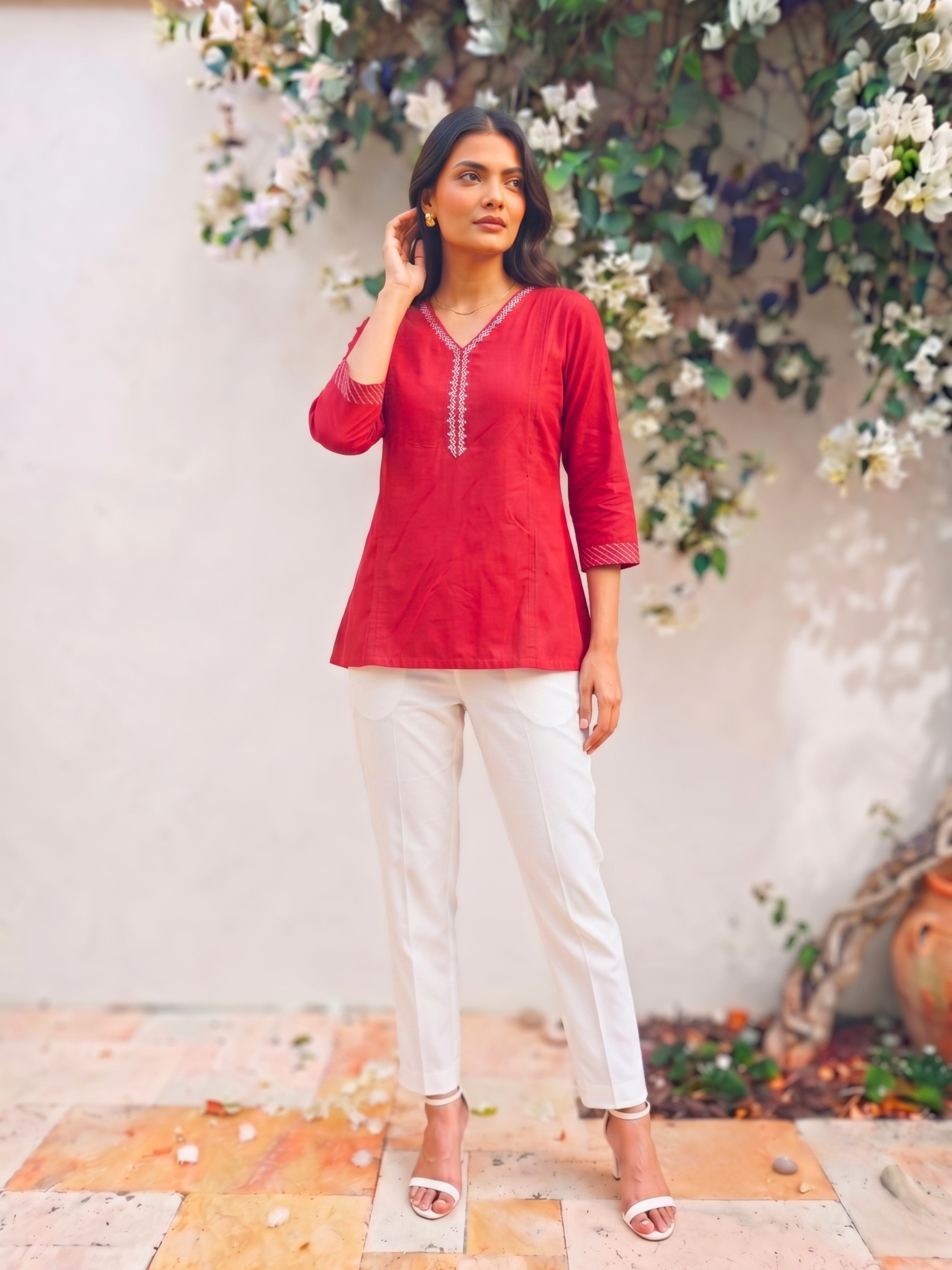 Rayon Embroidered Straight Short Length Short Kurta