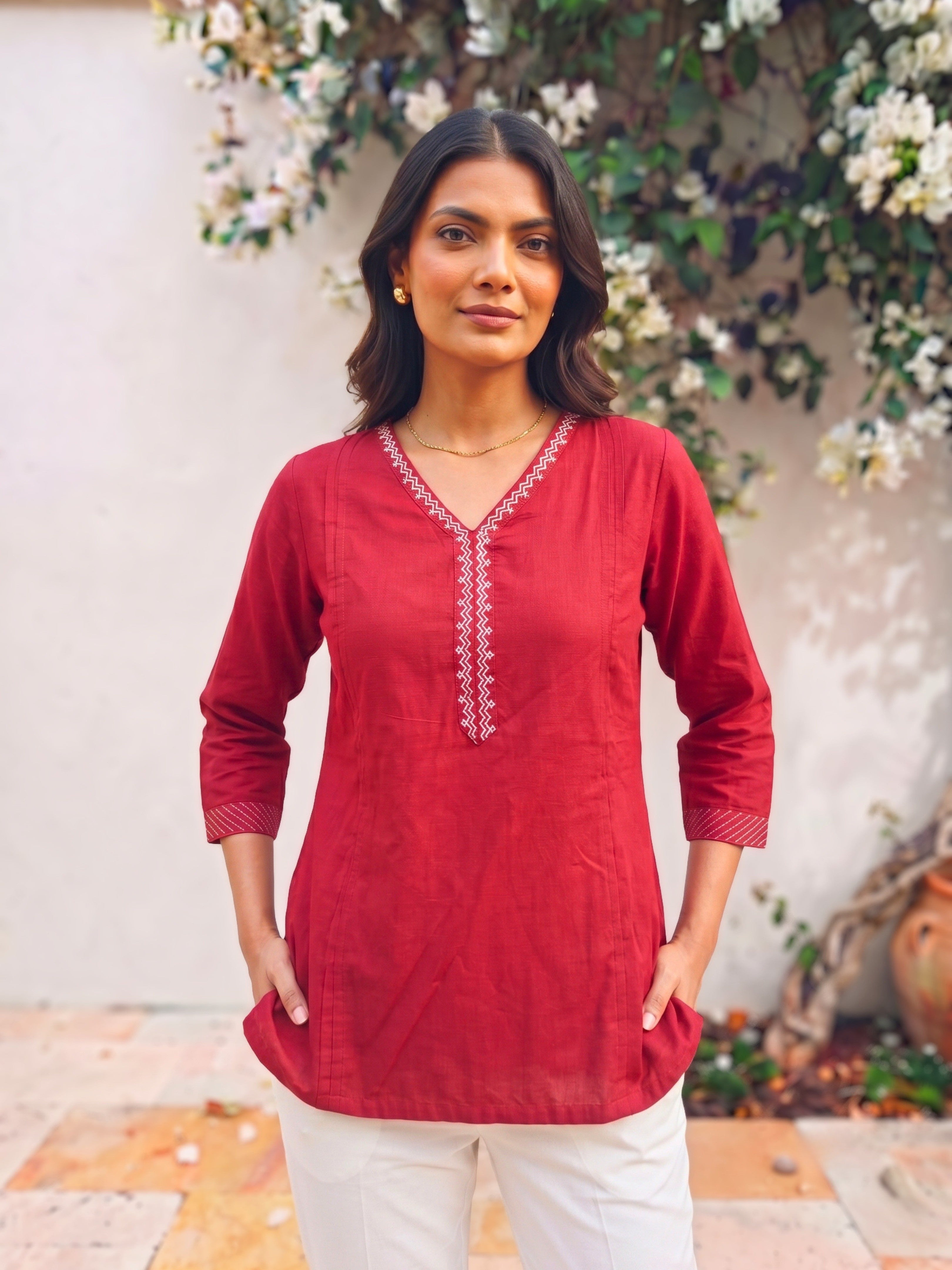 Rayon Embroidered Straight Short Length Short Kurta