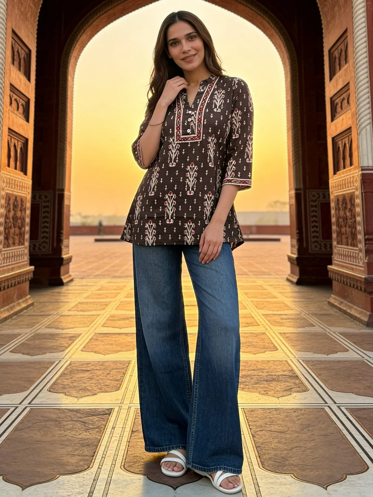 Buy Cotton Printed A-Line Short Length Short Kurta-Brown