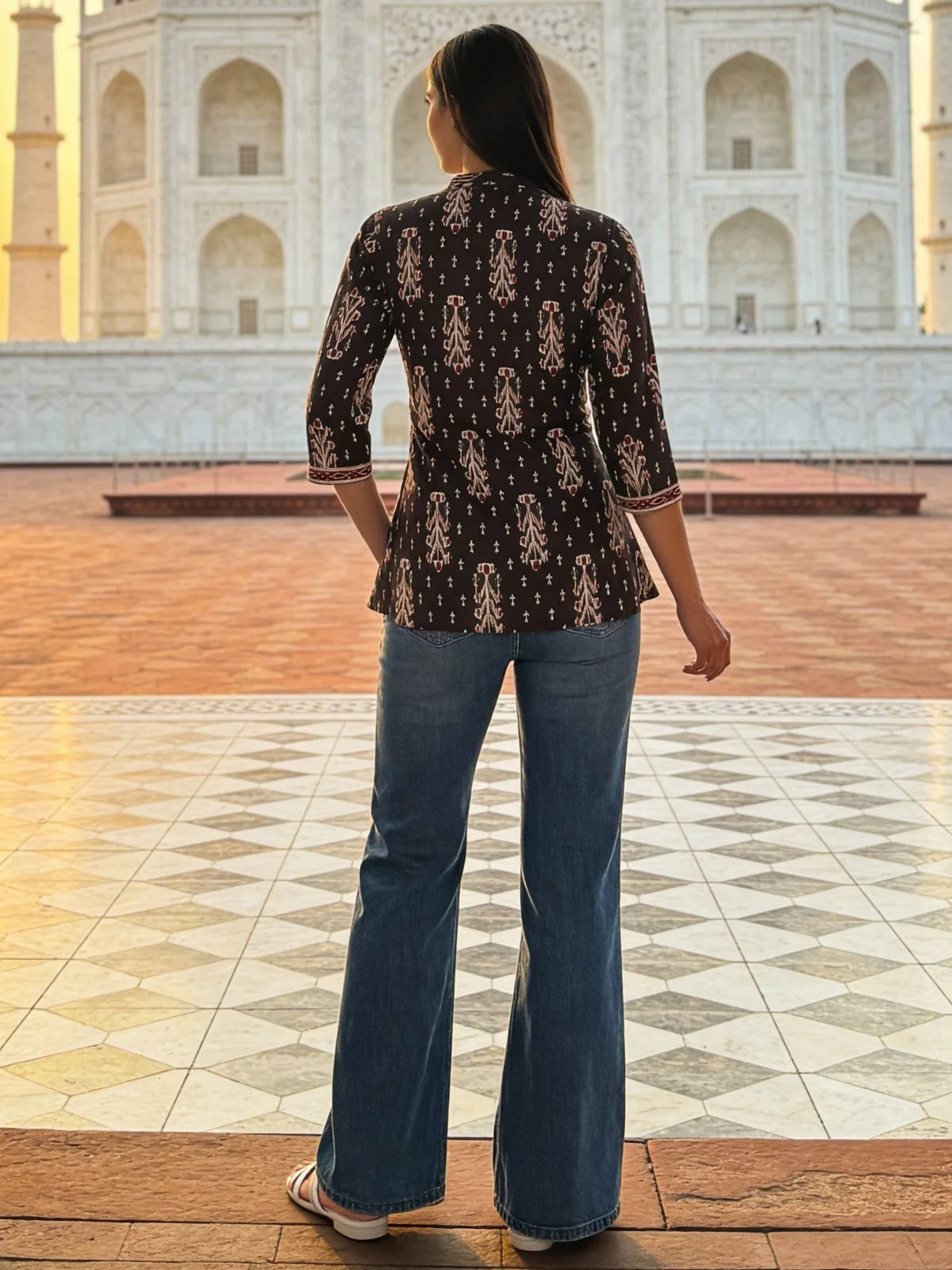 Buy Cotton Printed A-Line Short Length Short Kurta-Brown